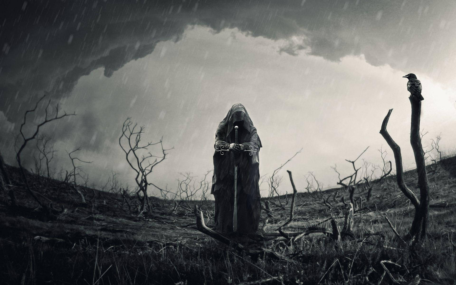 Life And Death, hooded figure, desolate wasteland, Full HD Desktop Wallpaper
