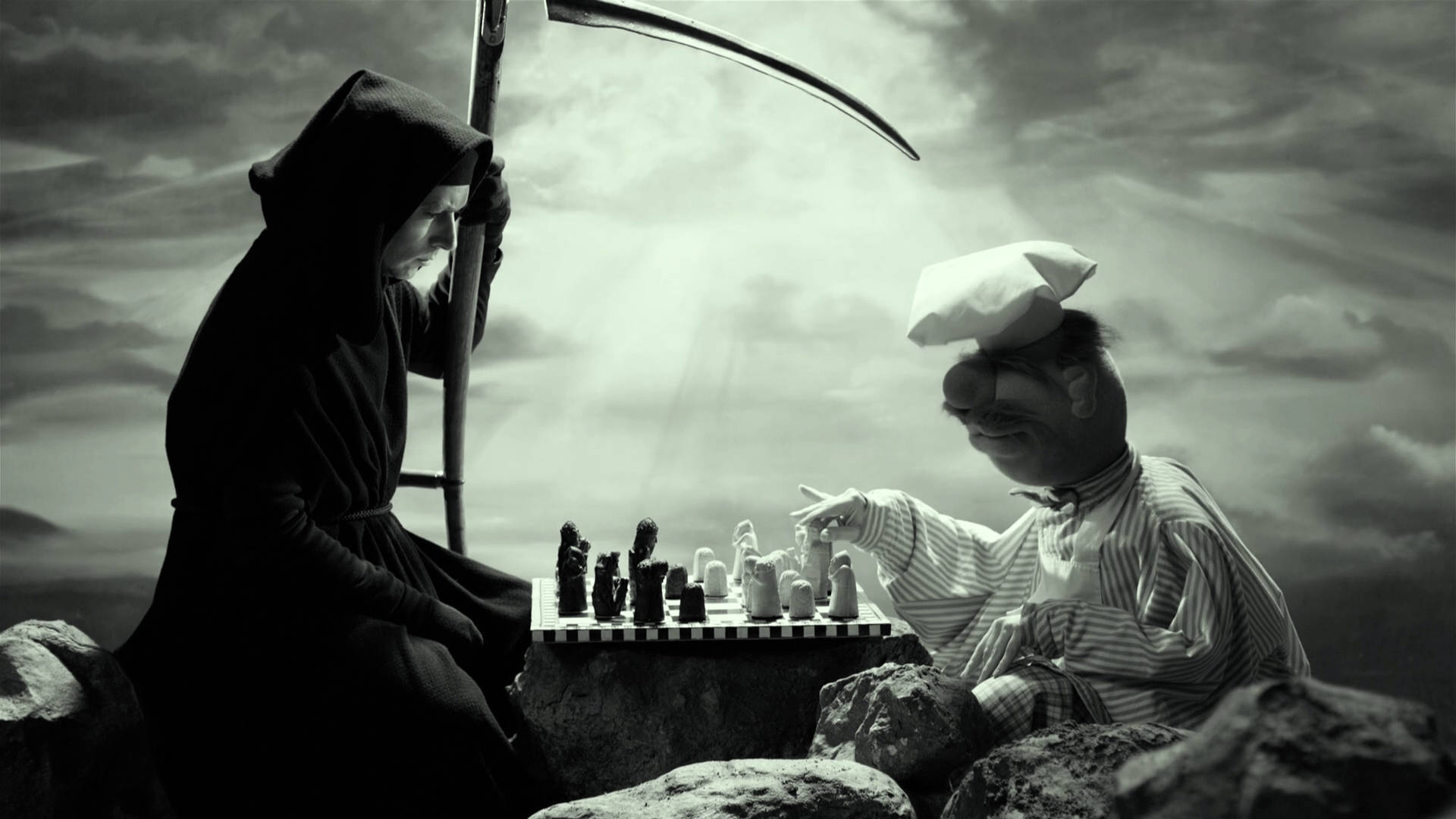 grim reaper, jovial chef, chess, Full HD Desktop Wallpaper