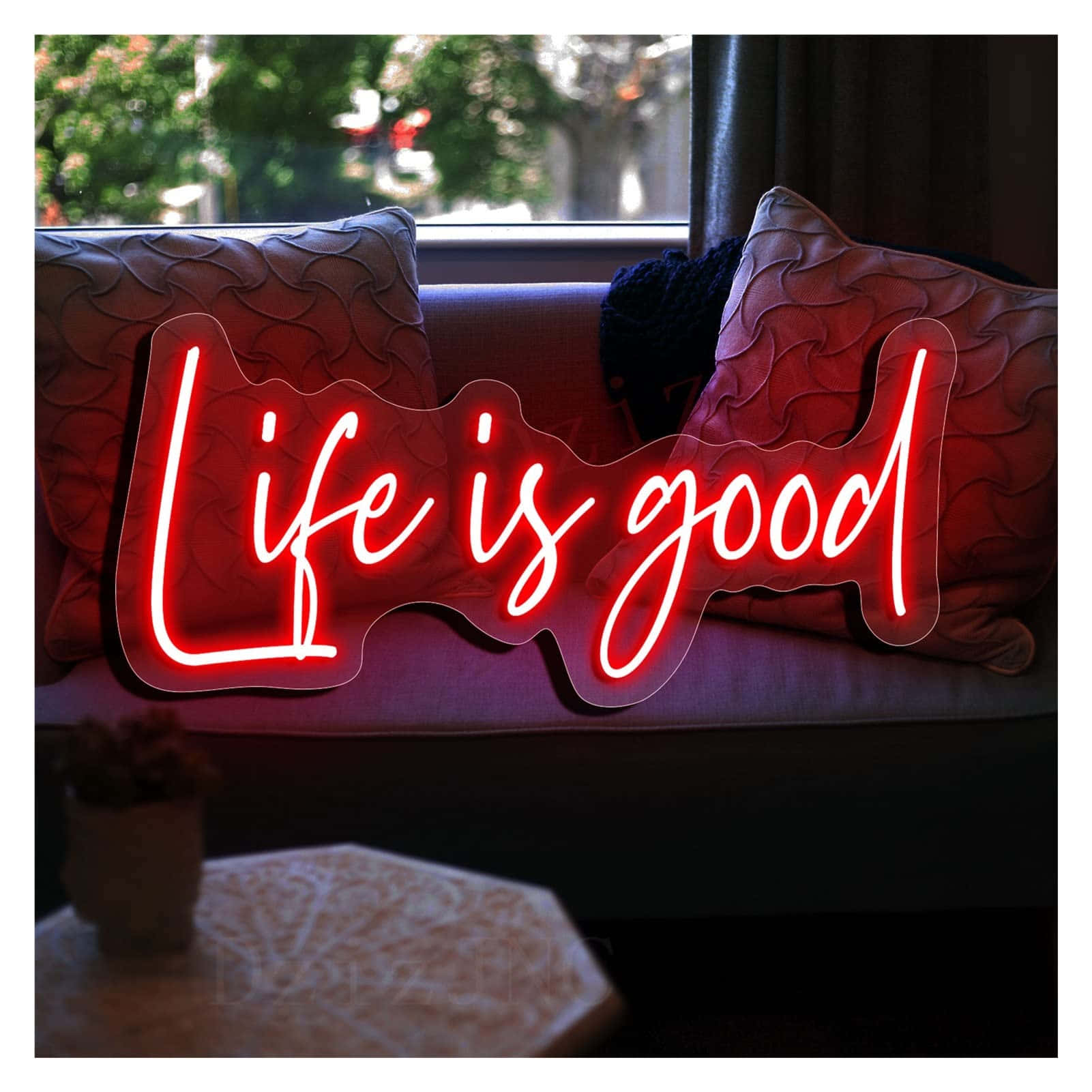 Life is good, red neon, couch, HD Desktop Wallpaper