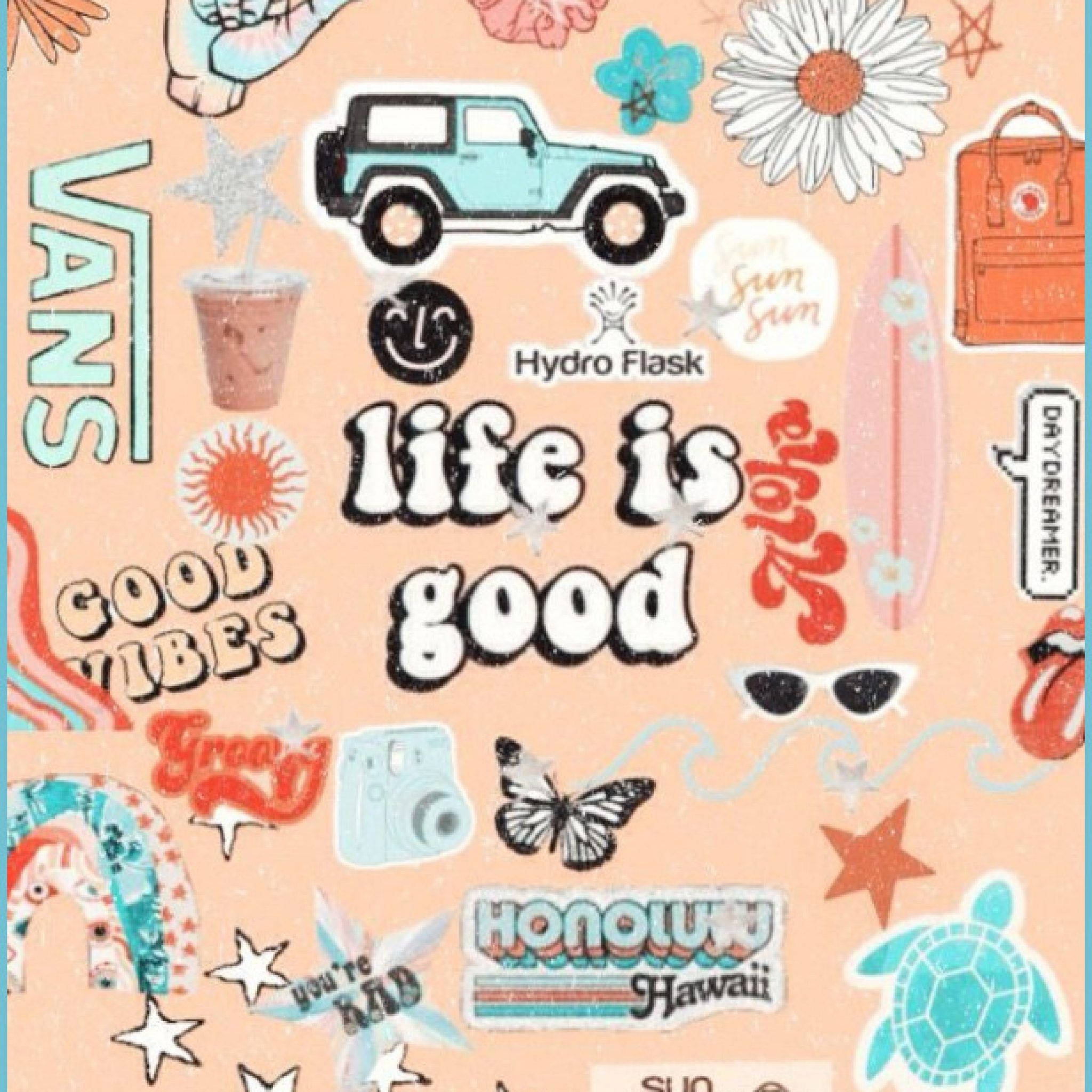 Life Is Good, turquoise jeep surfboard turtle, peach background, Full HD Desktop Wallpaper