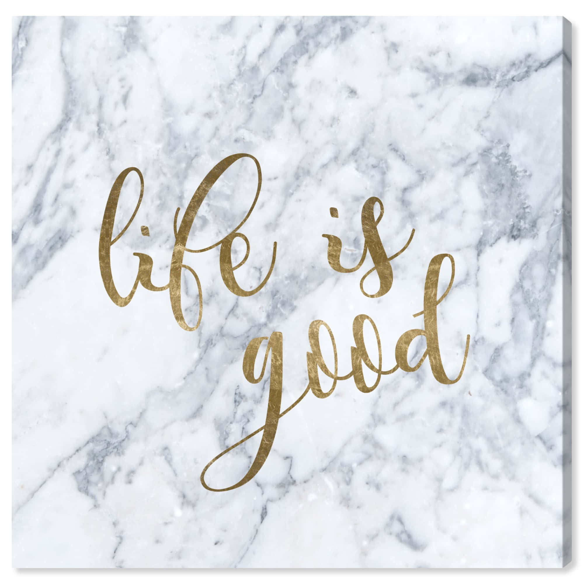 Life Is Good, gold cursive text, white and gray marble background, Full HD Desktop Wallpaper