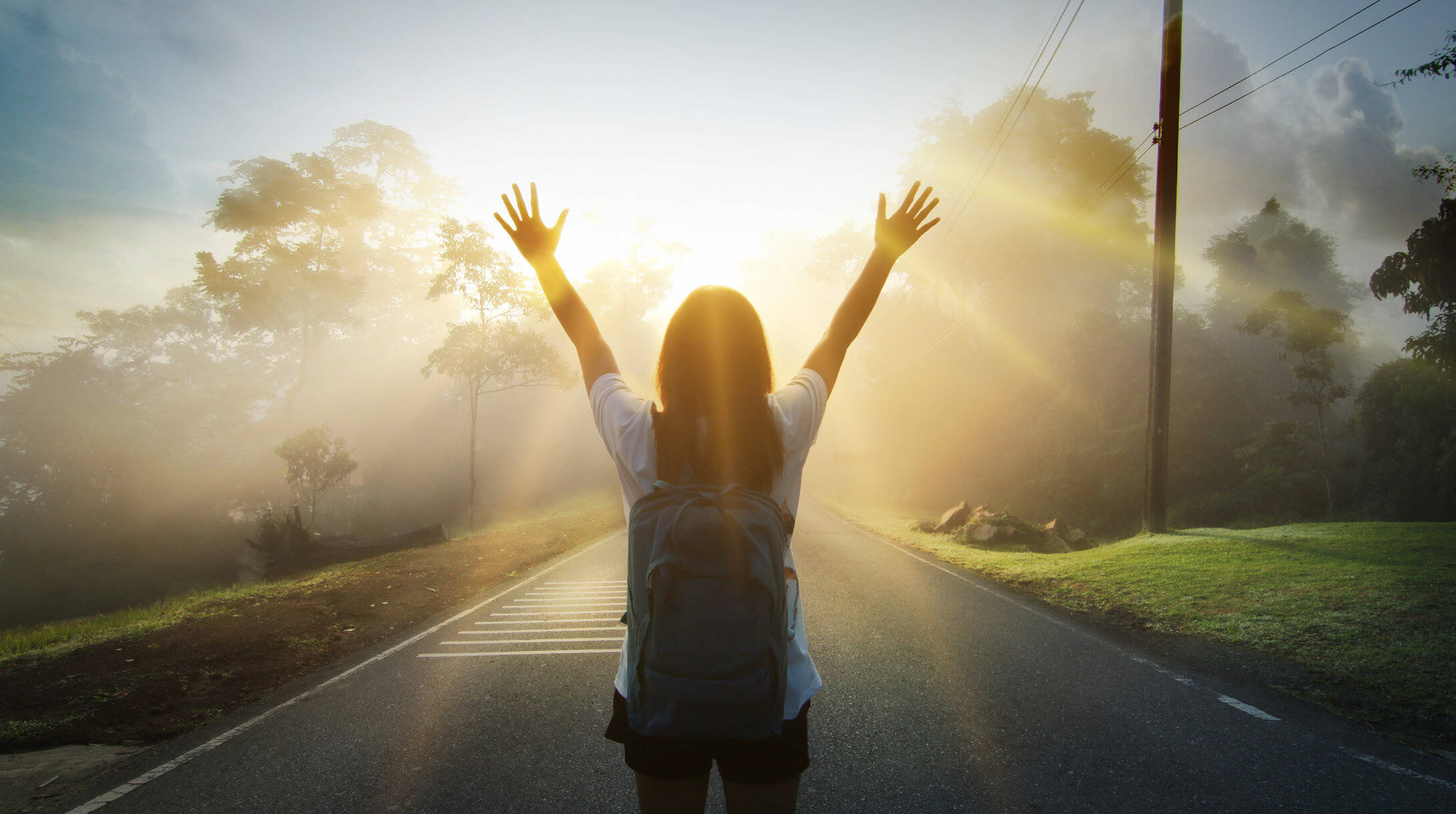 woman, sunrise, misty road, Full HD Desktop Wallpaper