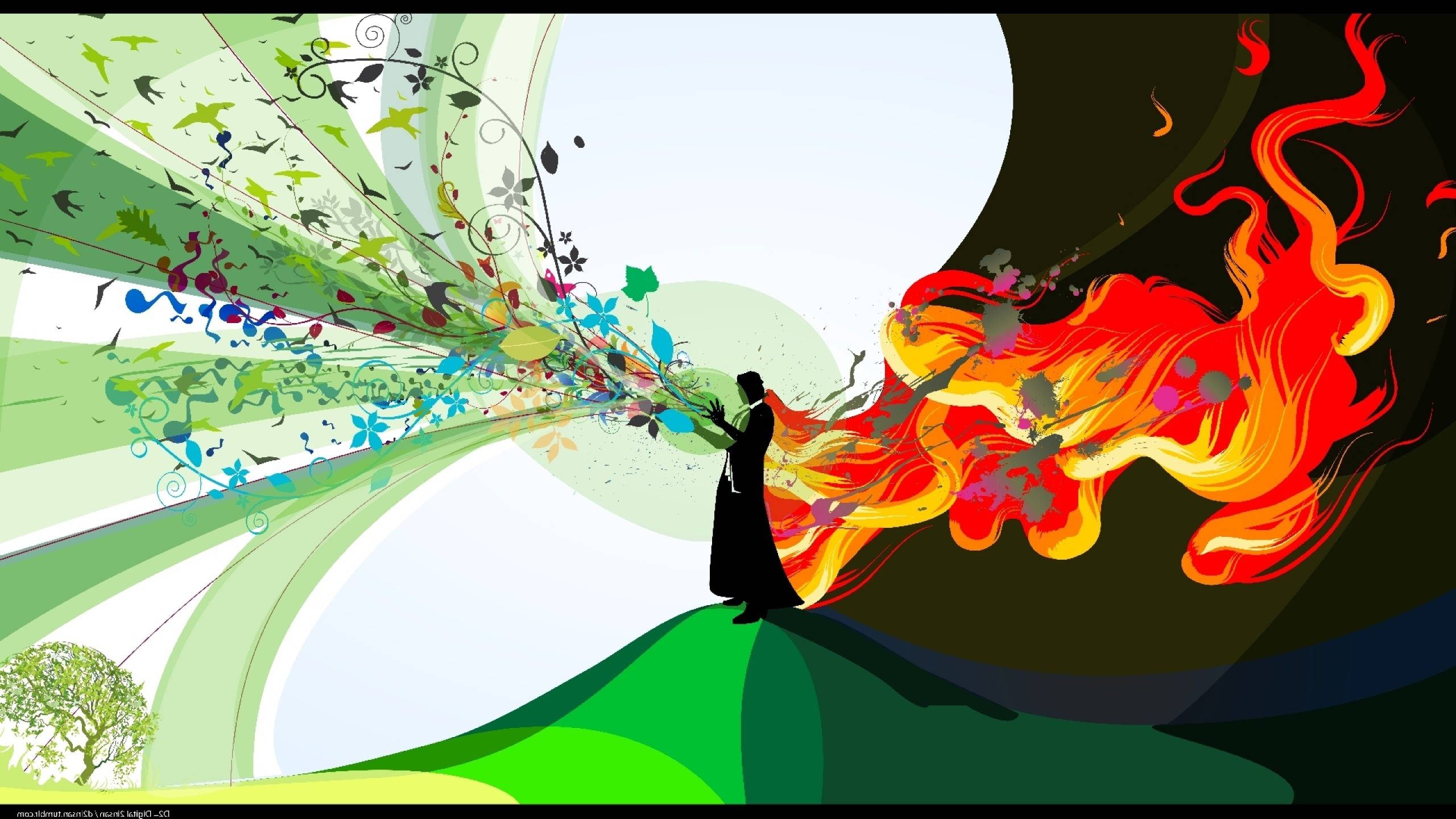 Life and Death, silhouette, green hill, 2K Desktop Wallpaper