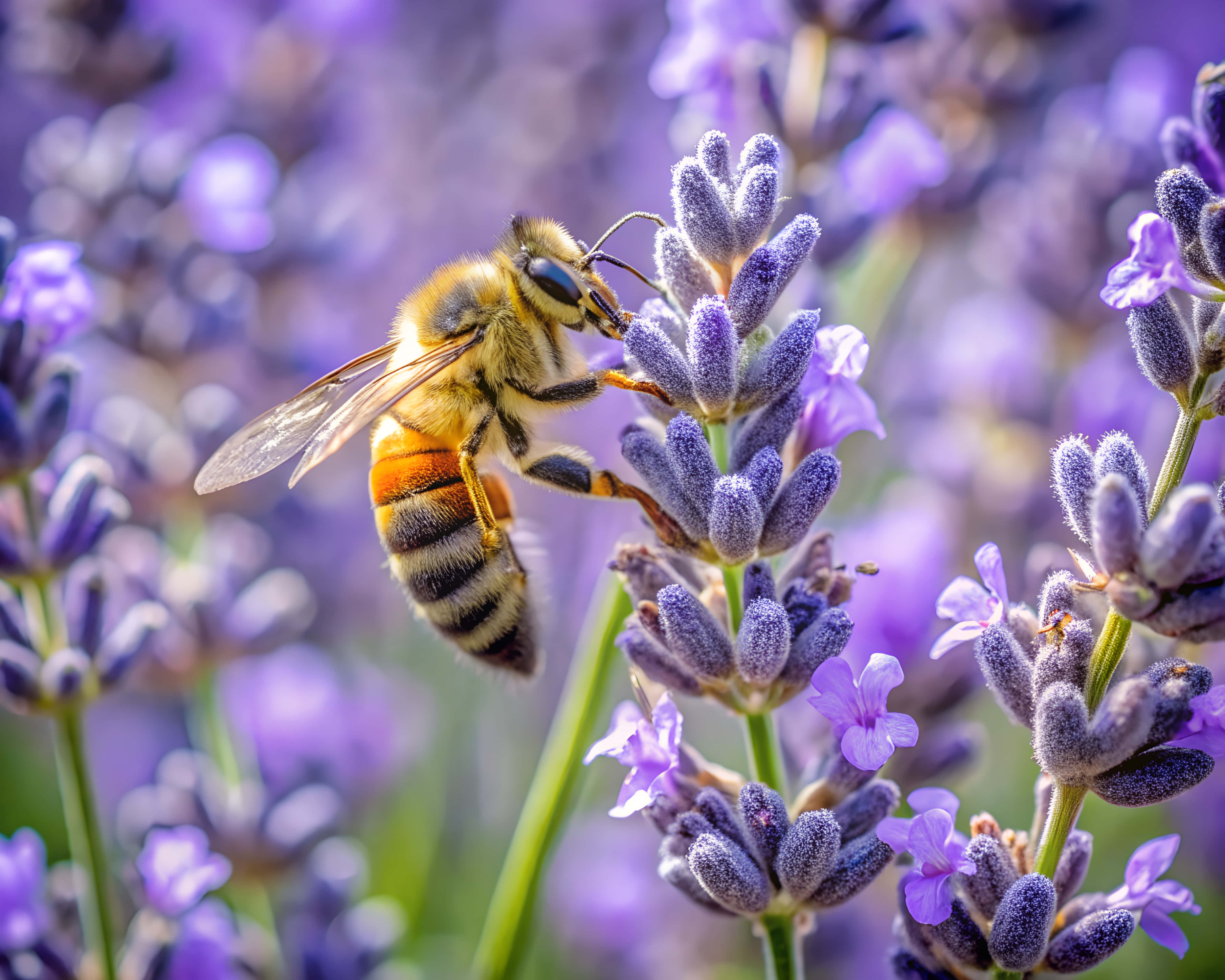 honeybee, yellow and black stripes, purple lavender flowers, 4K Desktop Wallpaper