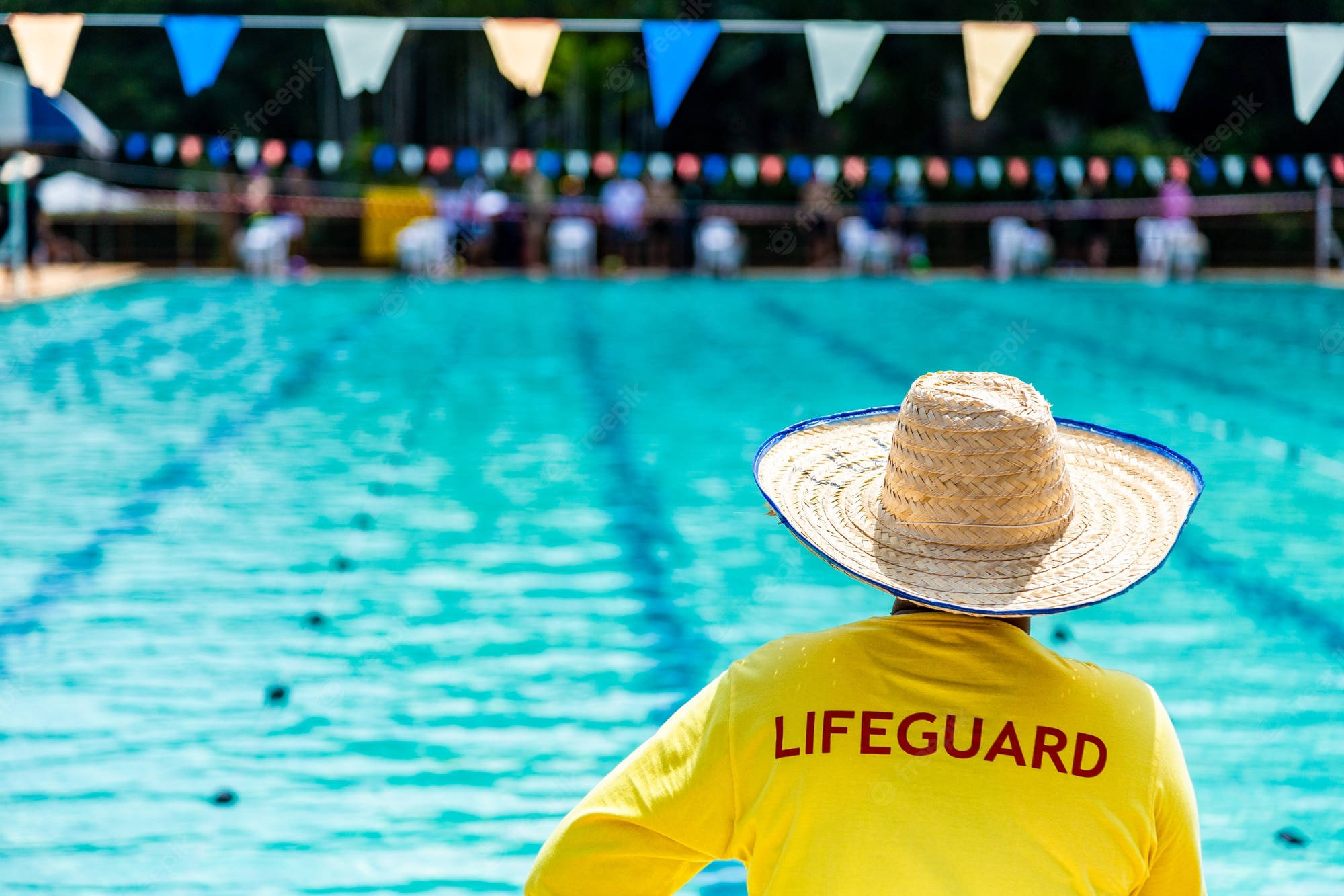 lifeguard, straw hat, yellow shirt, Full HD Desktop Wallpaper