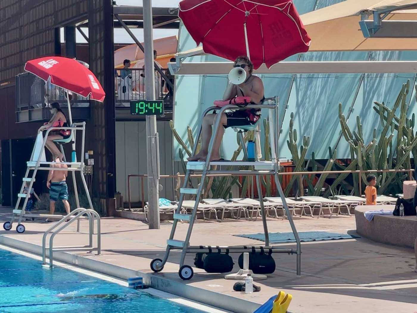 Lifeguard, poolside, red umbrellas, HD Desktop Wallpaper