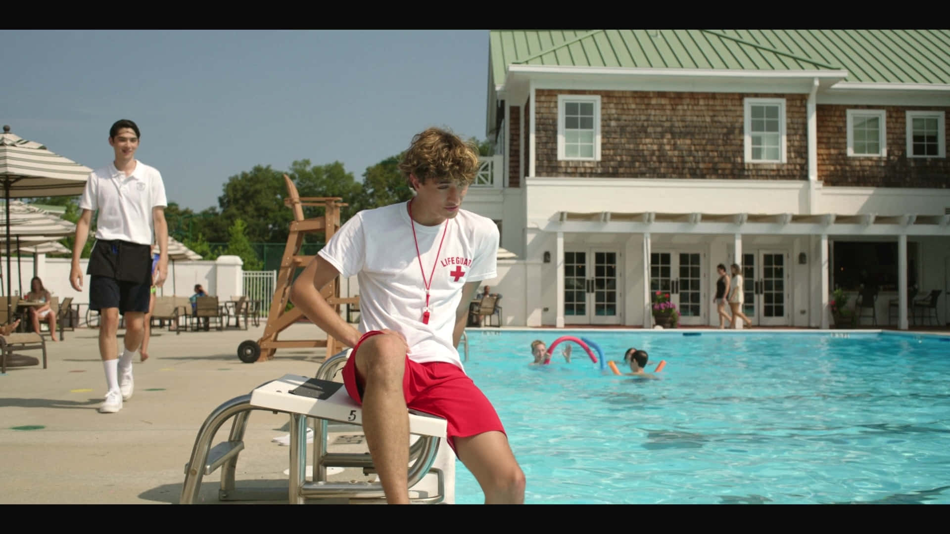 Lifeguard, red shorts, pool ladder, Full HD Desktop Wallpaper