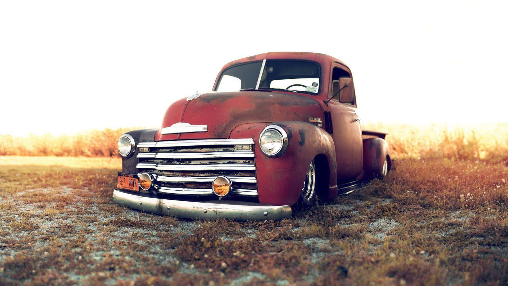 Red Lifted Truck, vintage truck, dry grassy field, Full HD Desktop Wallpaper