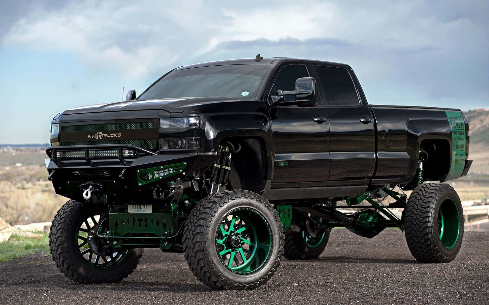 Black Lifted Truck, green wheels, oversized tires, Full HD Desktop Wallpaper