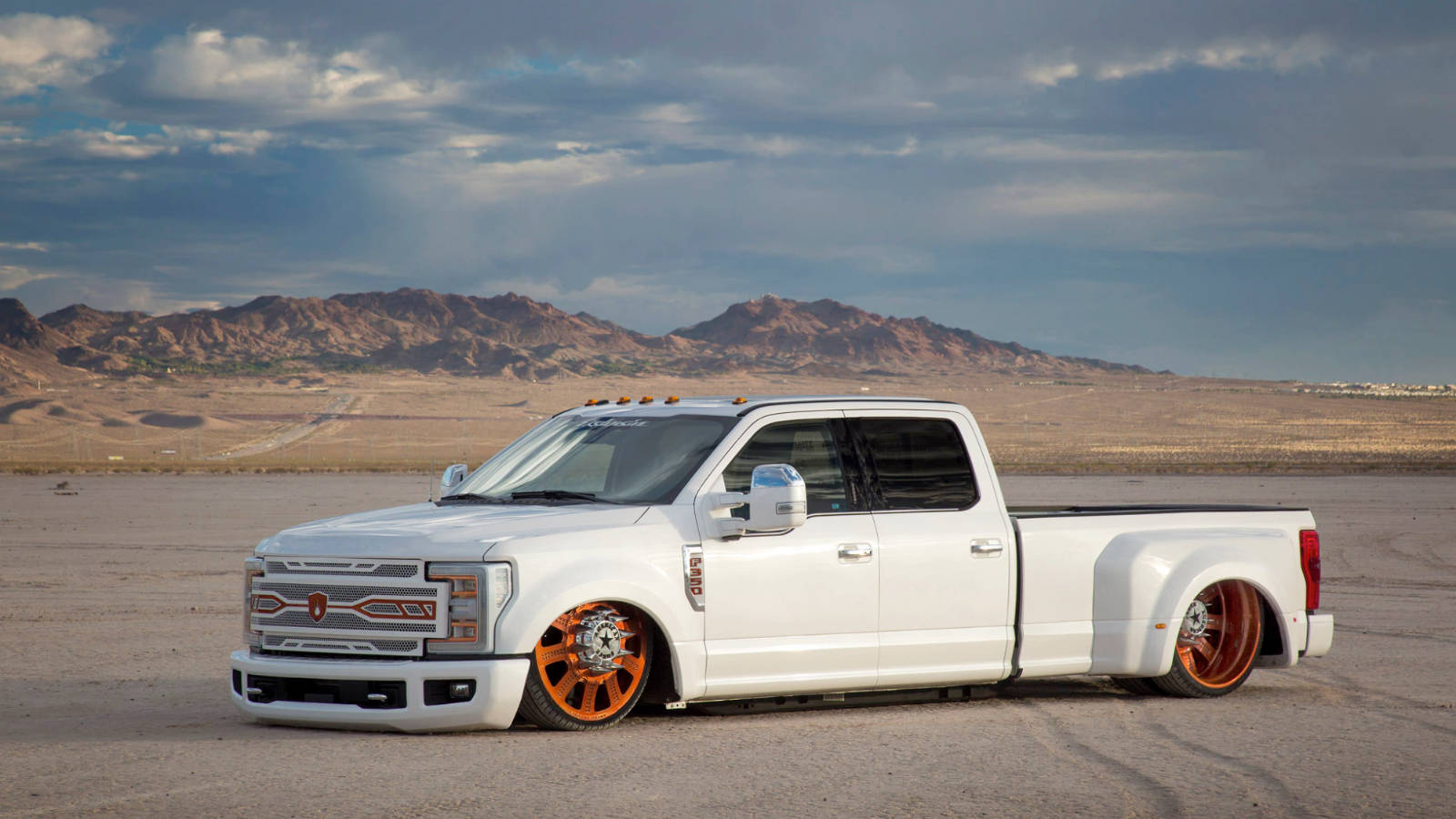 white custom pickup truck, orange wheels, vast desert, HD Desktop Wallpaper