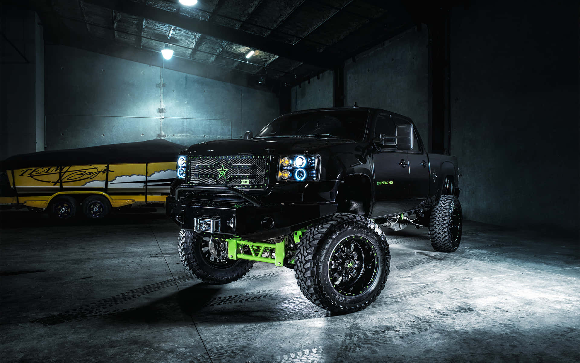 black lifted truck, neon green accents, glowing headlights, Full HD Desktop Wallpaper