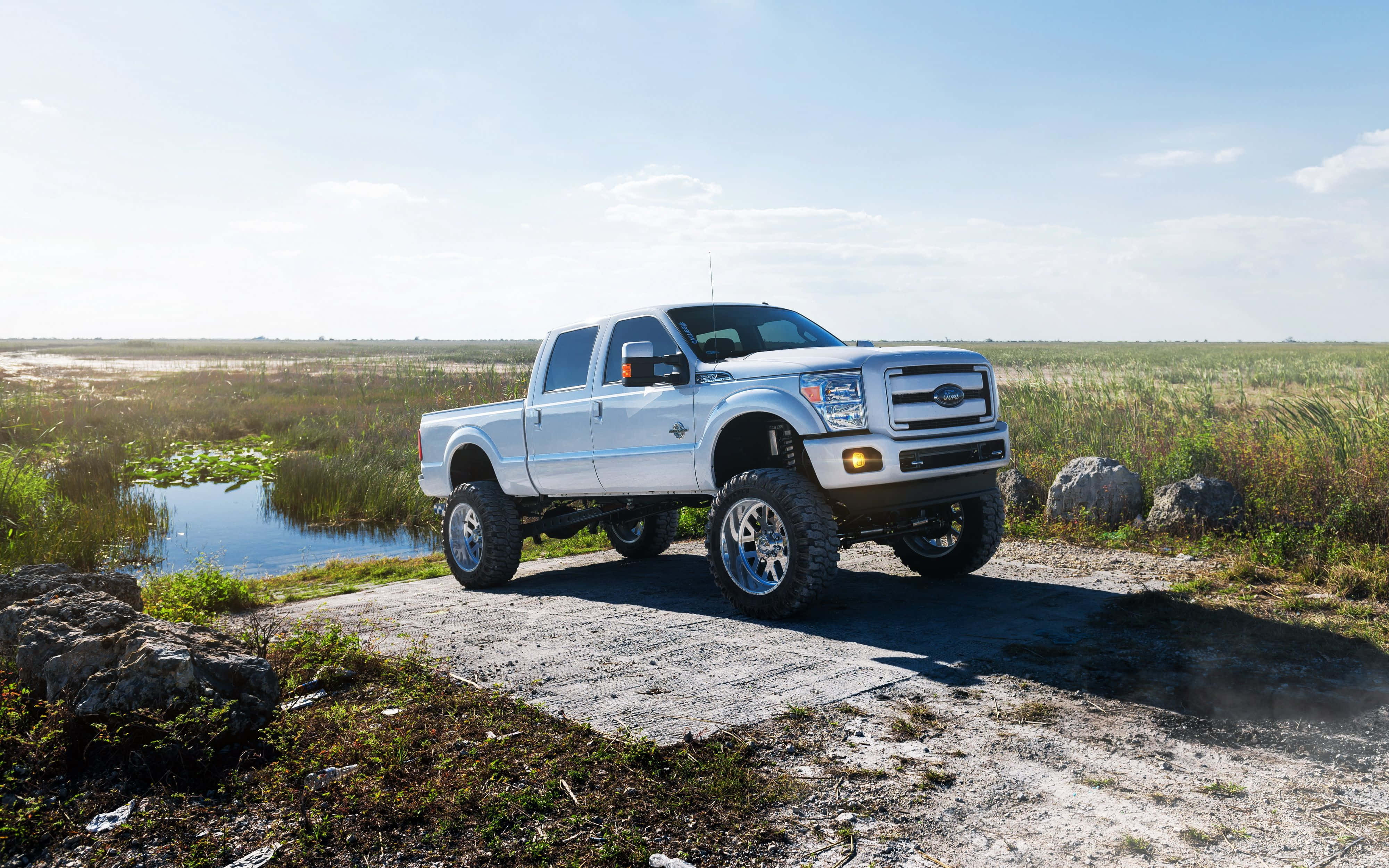 silver Ford F-150, concrete slab, swampy wetland, 4K Desktop Wallpaper
