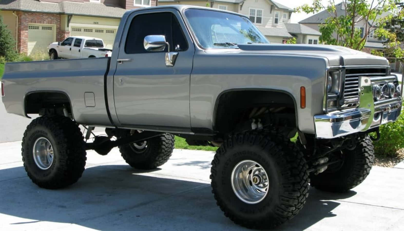 classic silver square body truck, lifted, oversized tires, HD Desktop Wallpaper