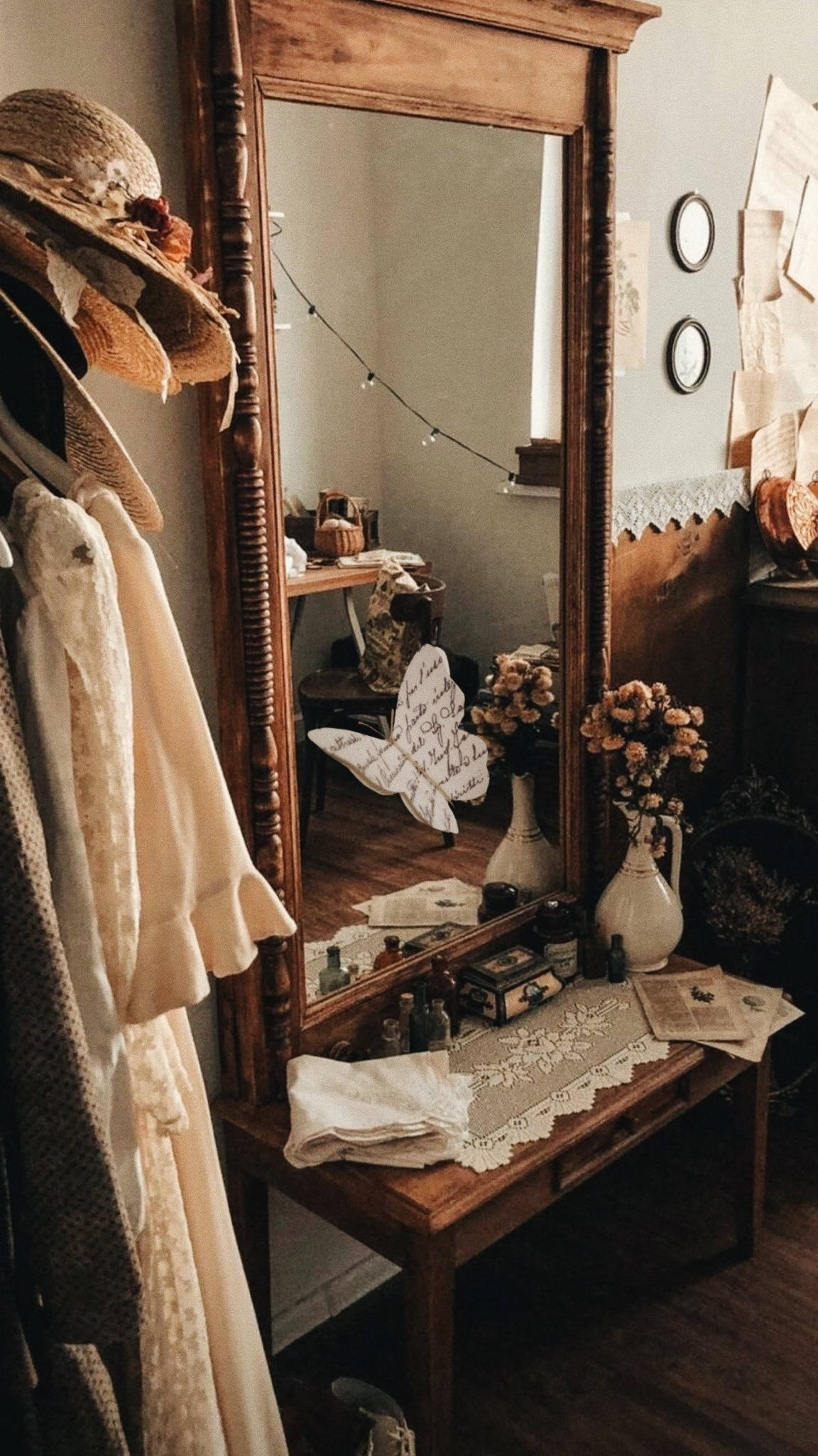vintage wooden mirror, cozy room, lace, Full HD Phone Wallpaper