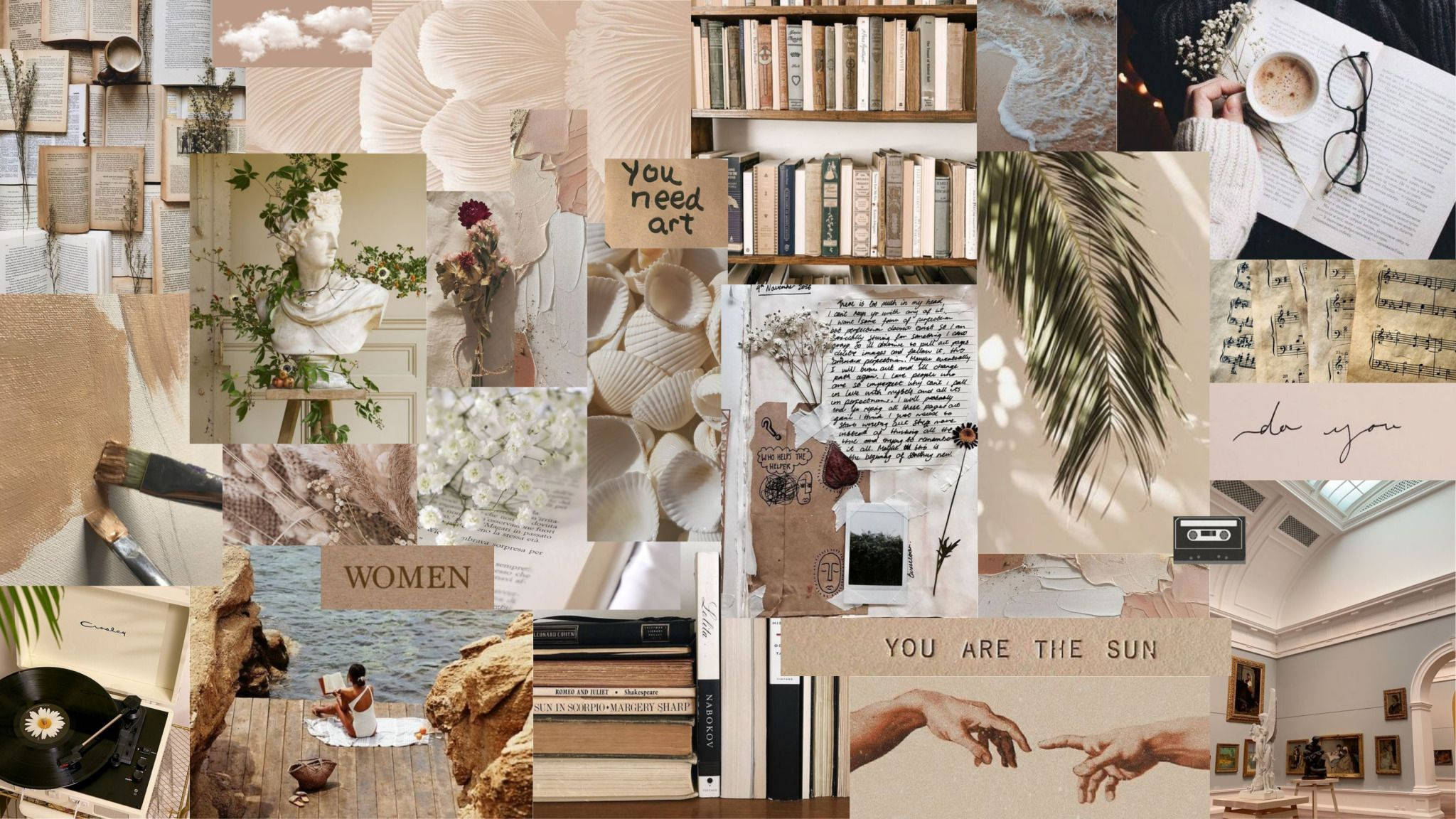 Light Academia Bright, beige-toned, books, Full HD Desktop Wallpaper