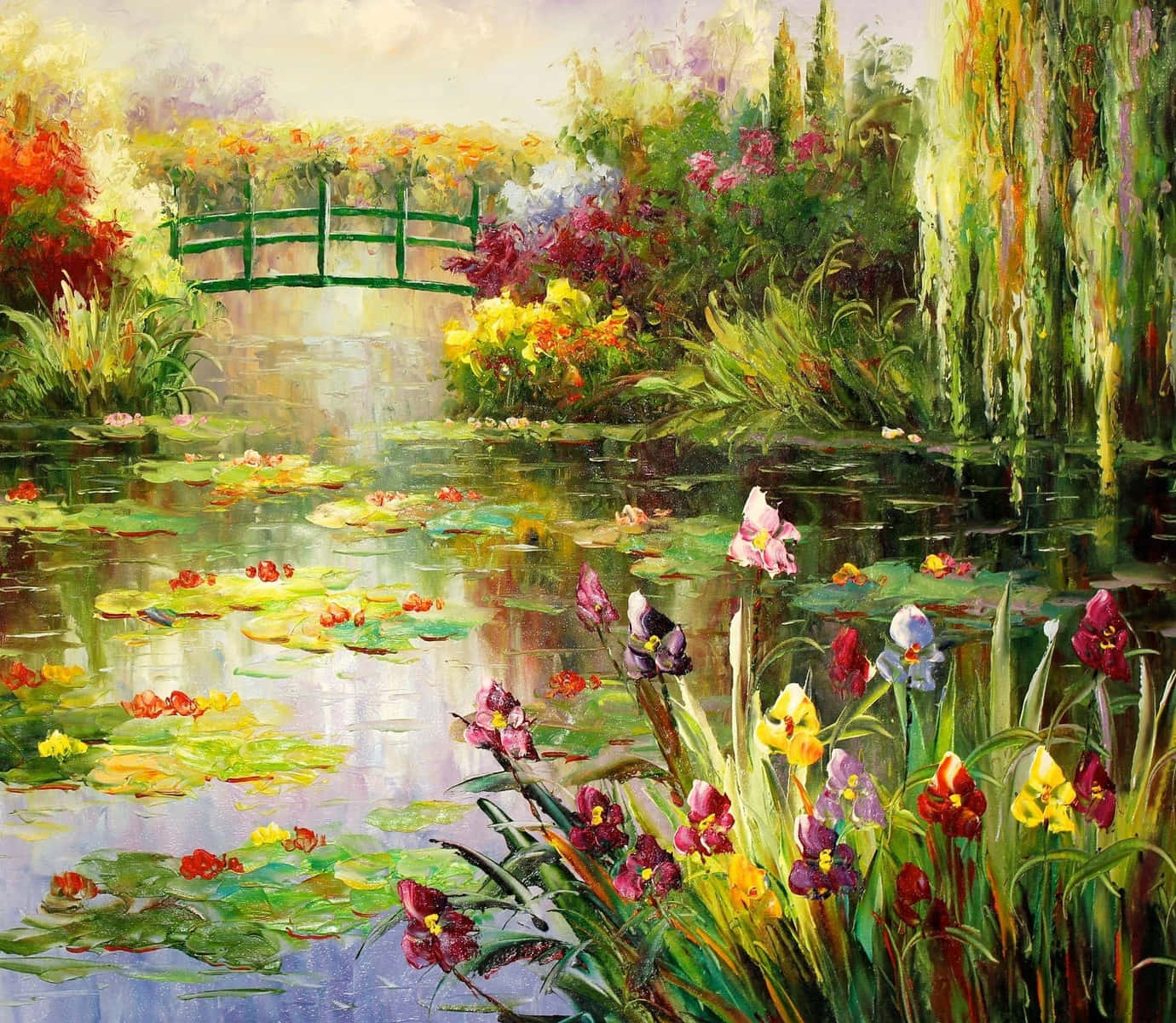 oil painting, serene pond, lily pads, HD Desktop Wallpaper