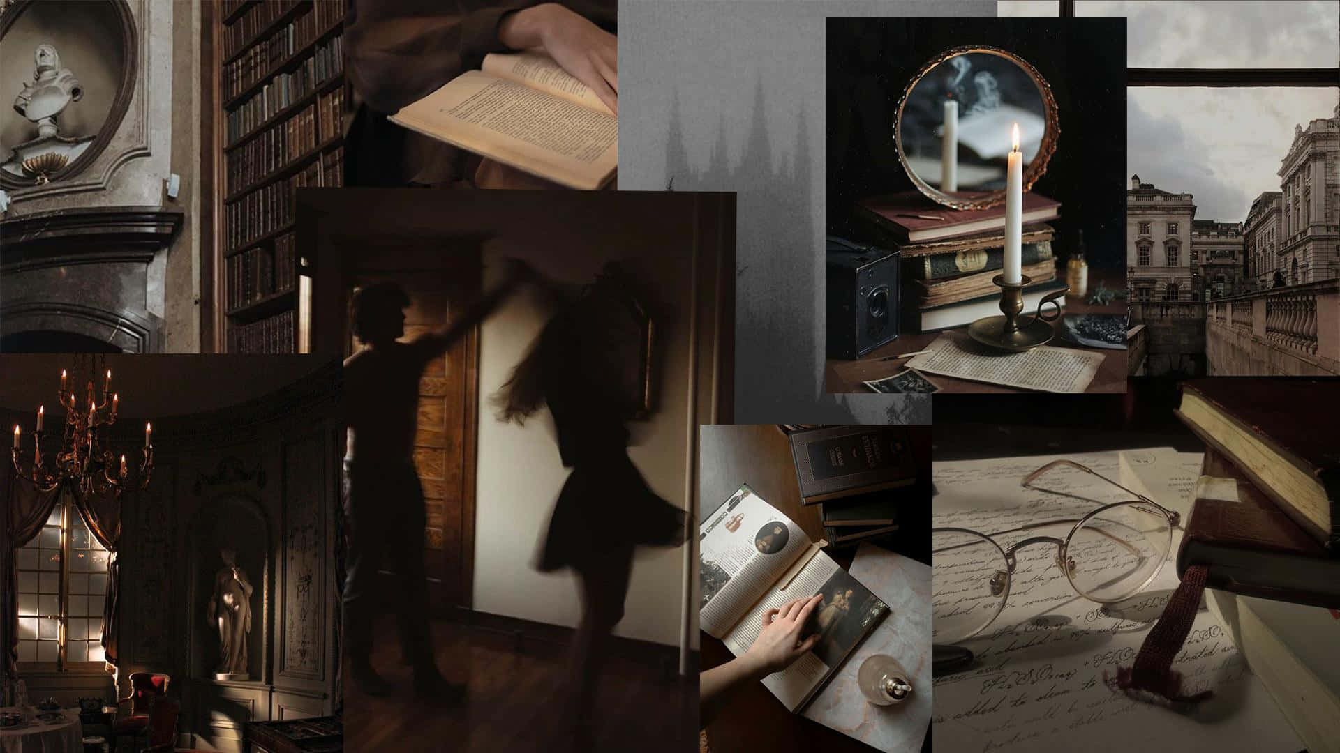 Academia Aesthetic Collage, vintage library scenes, candlelit books, Full HD Desktop Wallpaper