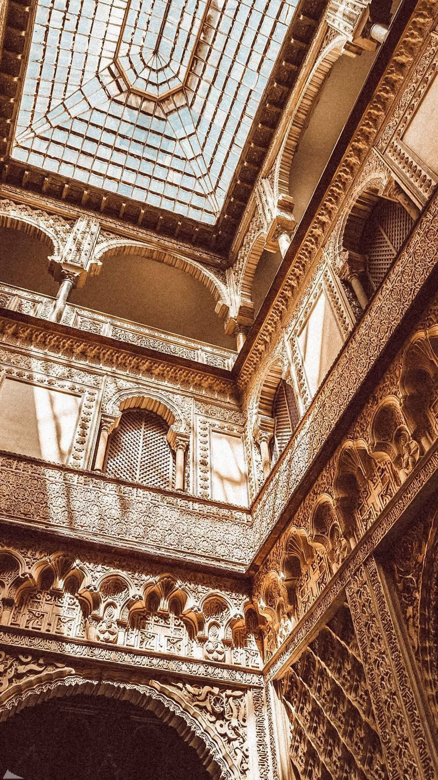 Light Academia, geometric skylight, golden Moorish arches, 2K Phone Wallpaper