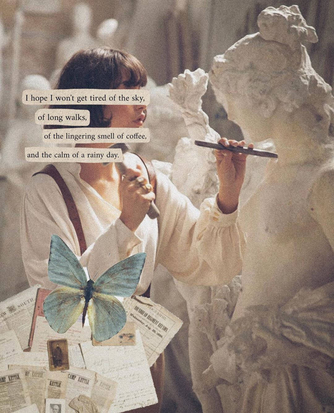 white blouse, marble statue, blue butterfly, HD Phone Wallpaper