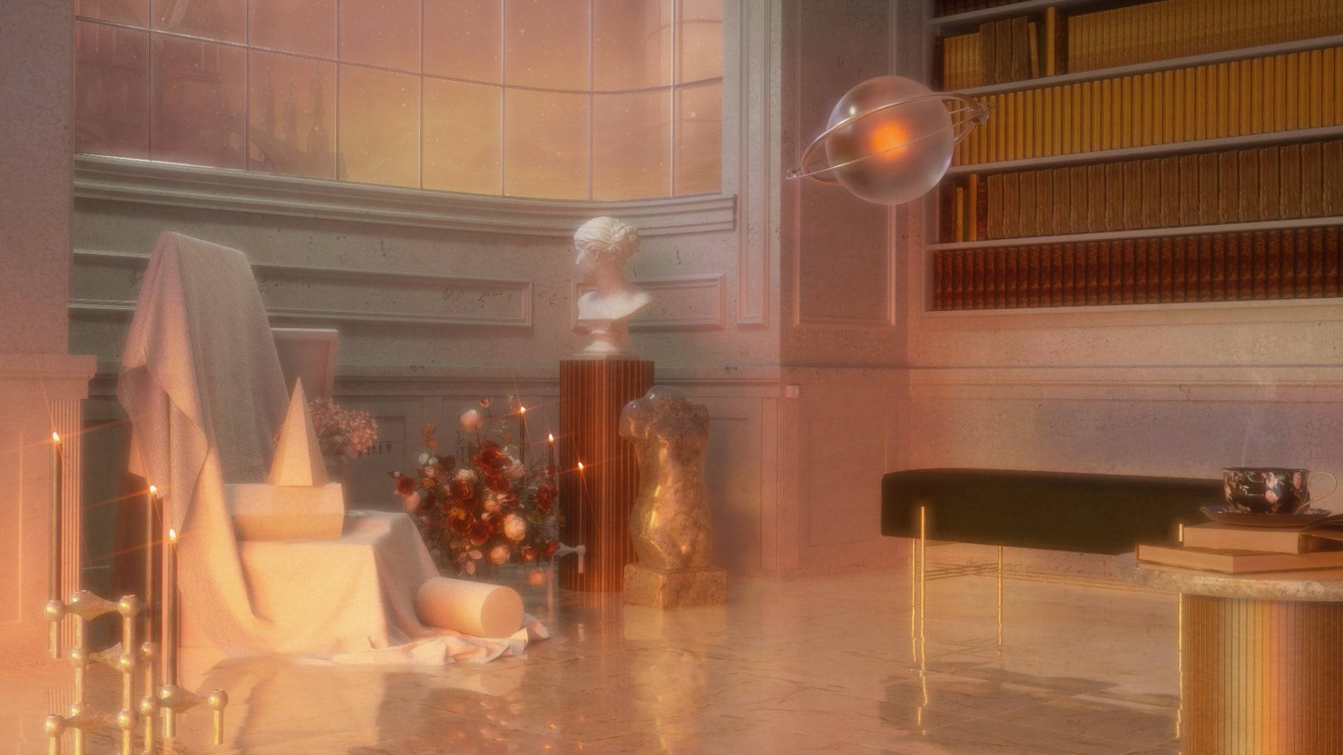 Light Academia Lounge, serene library, warm golden light, Full HD Desktop Wallpaper