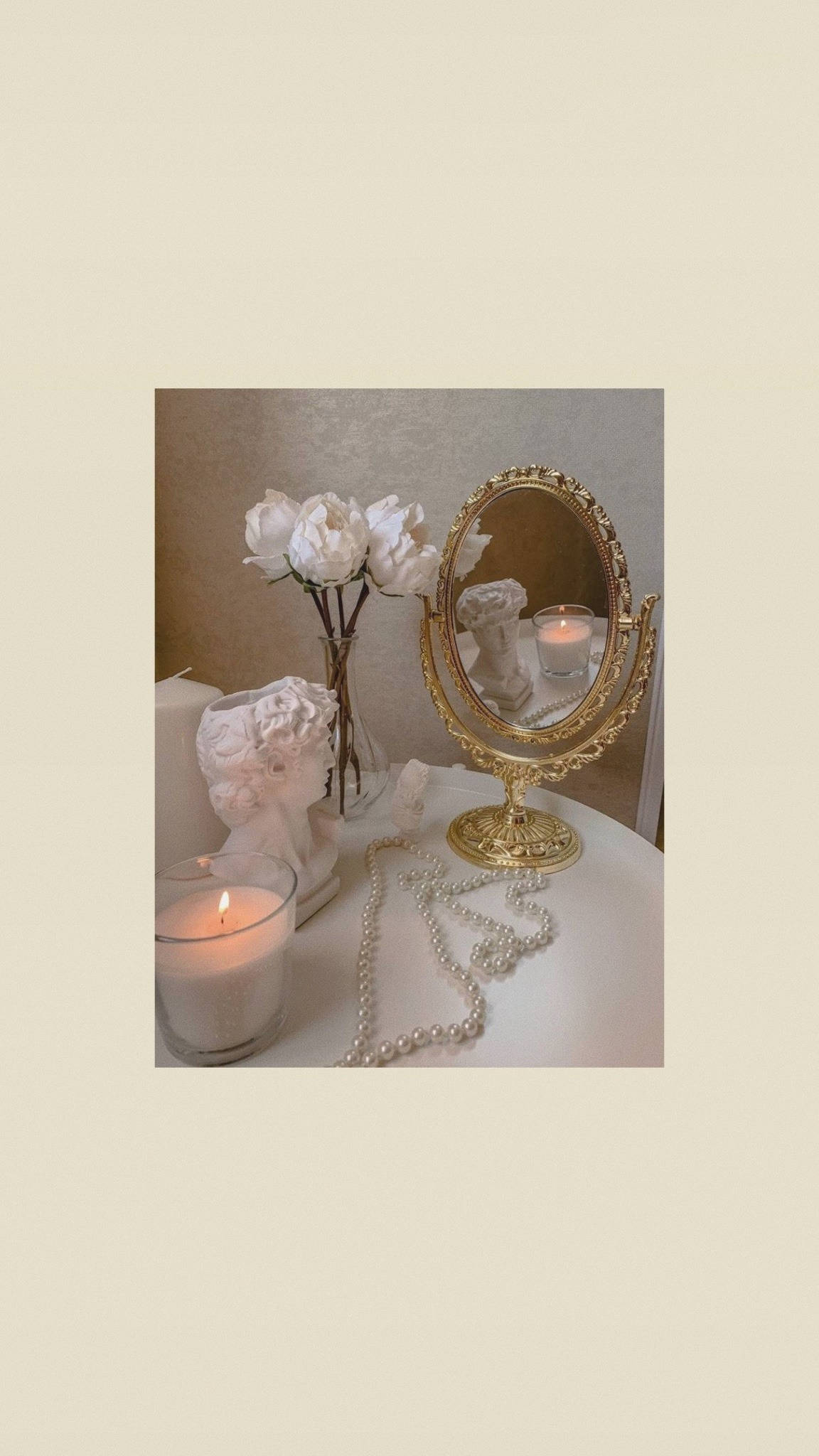 light academia aesthetic desk mirror, ornate gold mirror, lit candle, Full HD Phone Wallpaper
