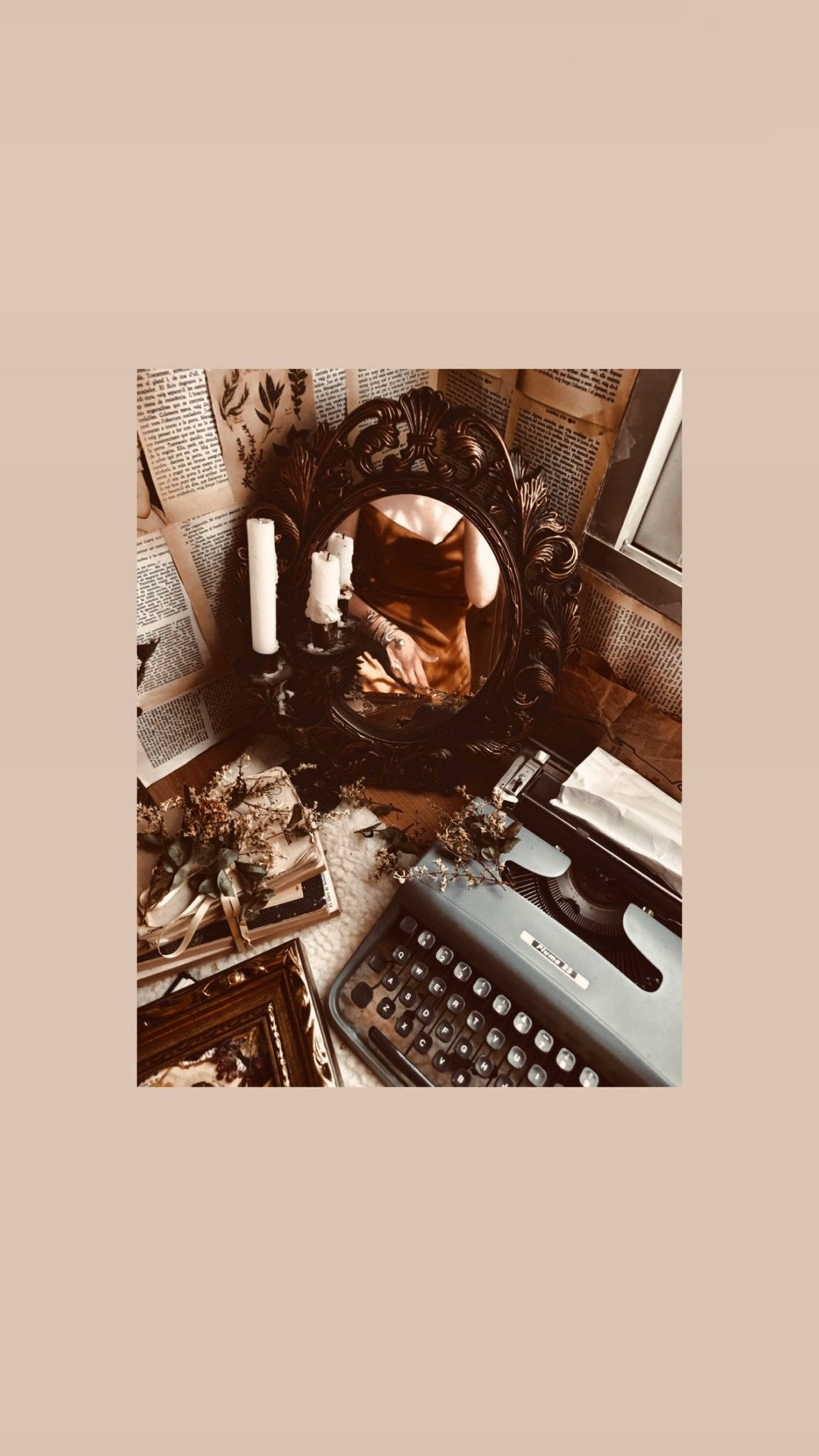 vintage typewriter, ornate mirror, satin robe, Full HD Phone Wallpaper