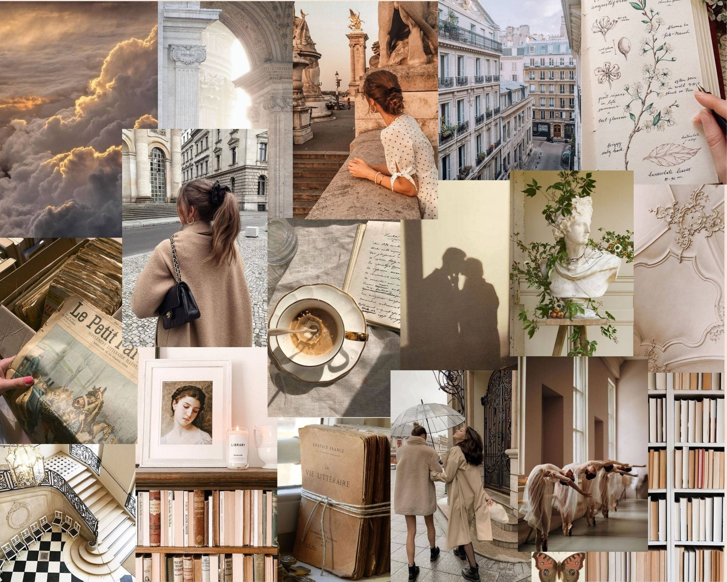 Parisian collage, vintage books, café scenes, Full HD Desktop Wallpaper