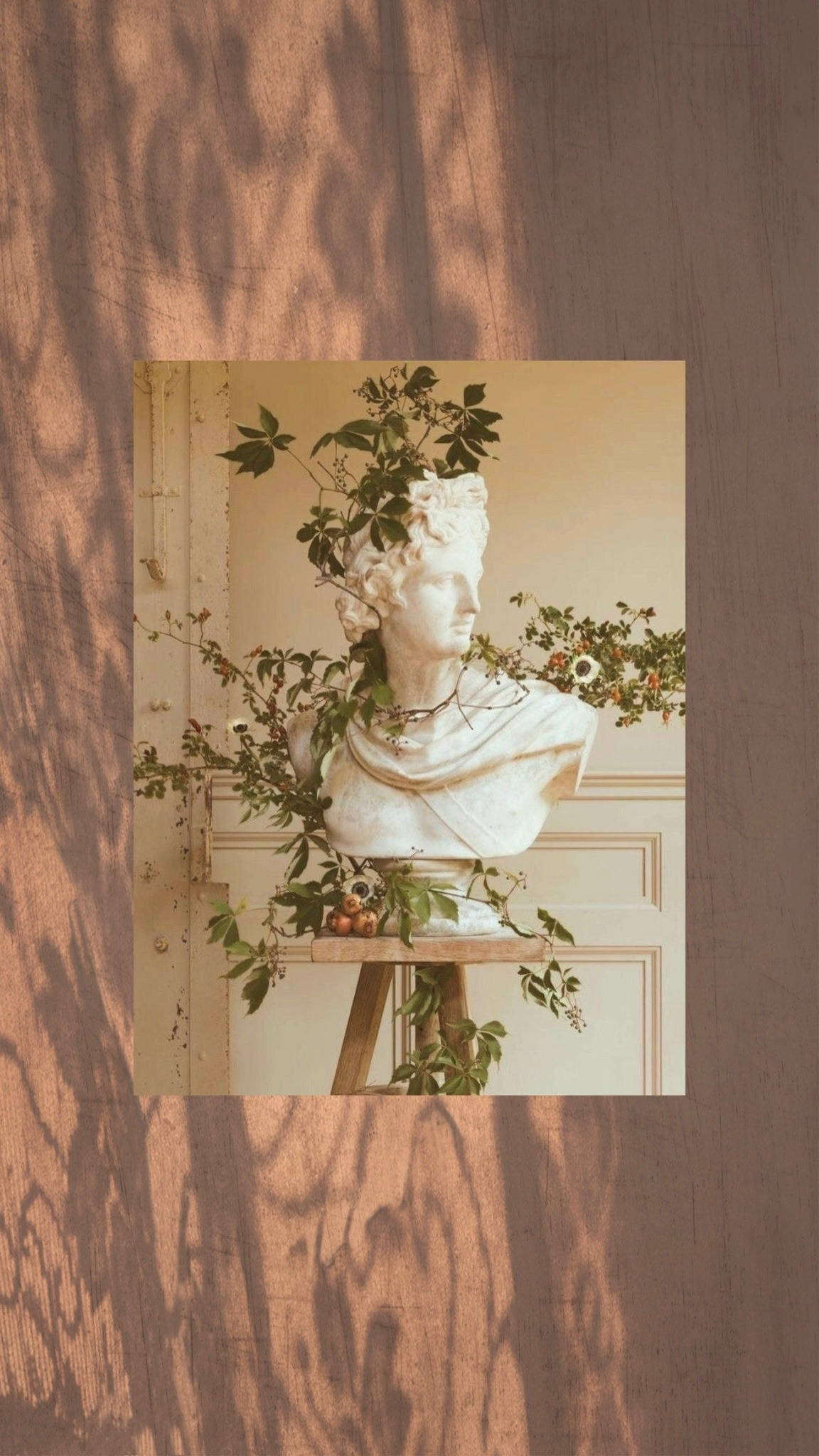 classical marble bust, lush green vines, white flowers, Full HD Phone Wallpaper