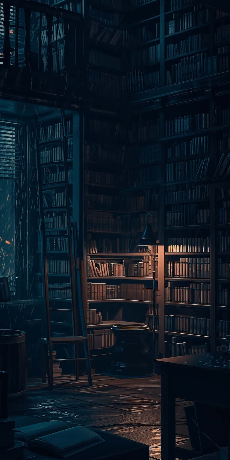 moody library aesthetic, dimly lit library, towering bookshelves, HD Phone Wallpaper