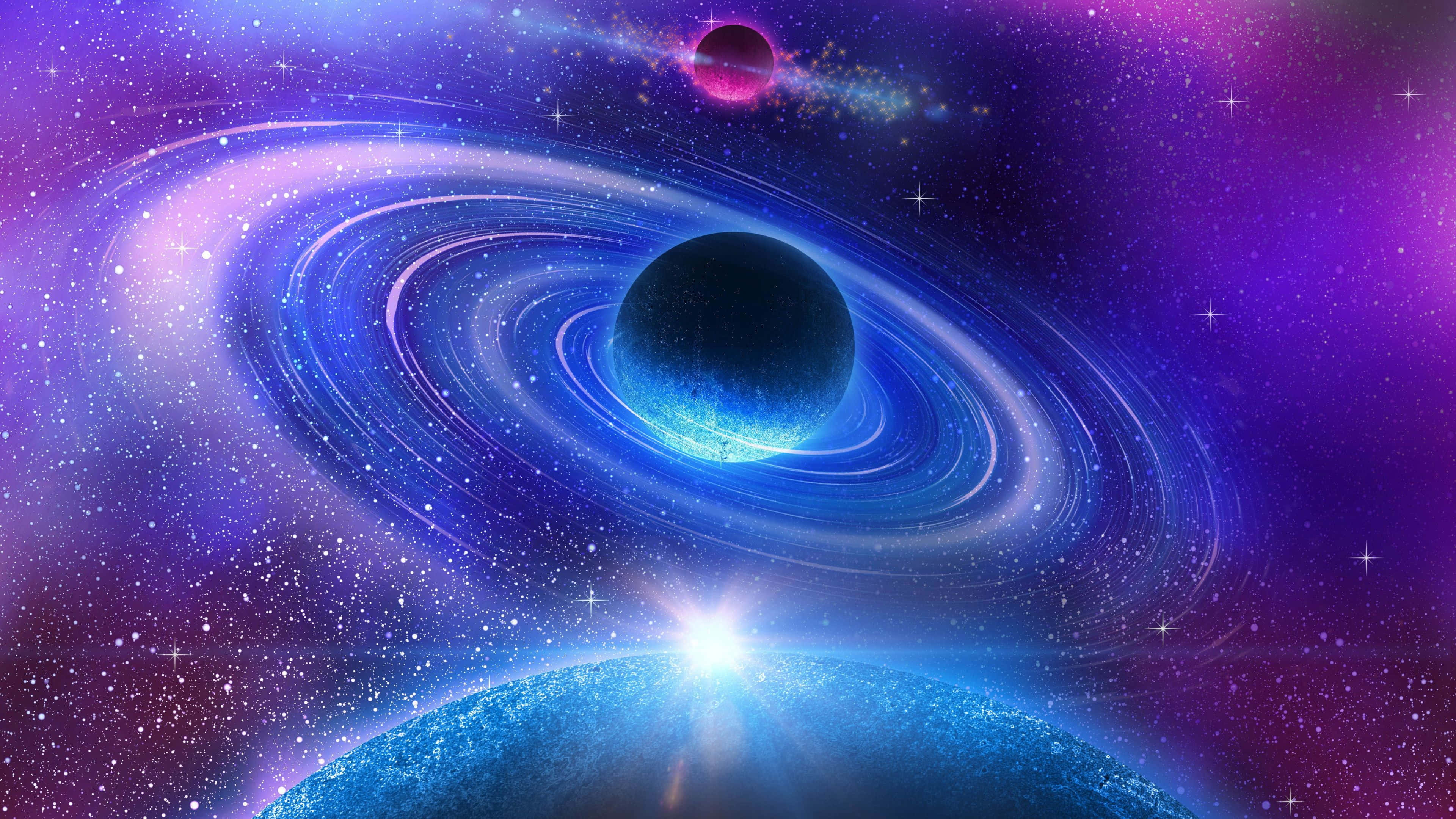 Fluorescent Lights Aesthetic, glowing blue planet, swirling rings, 4K Desktop Wallpaper