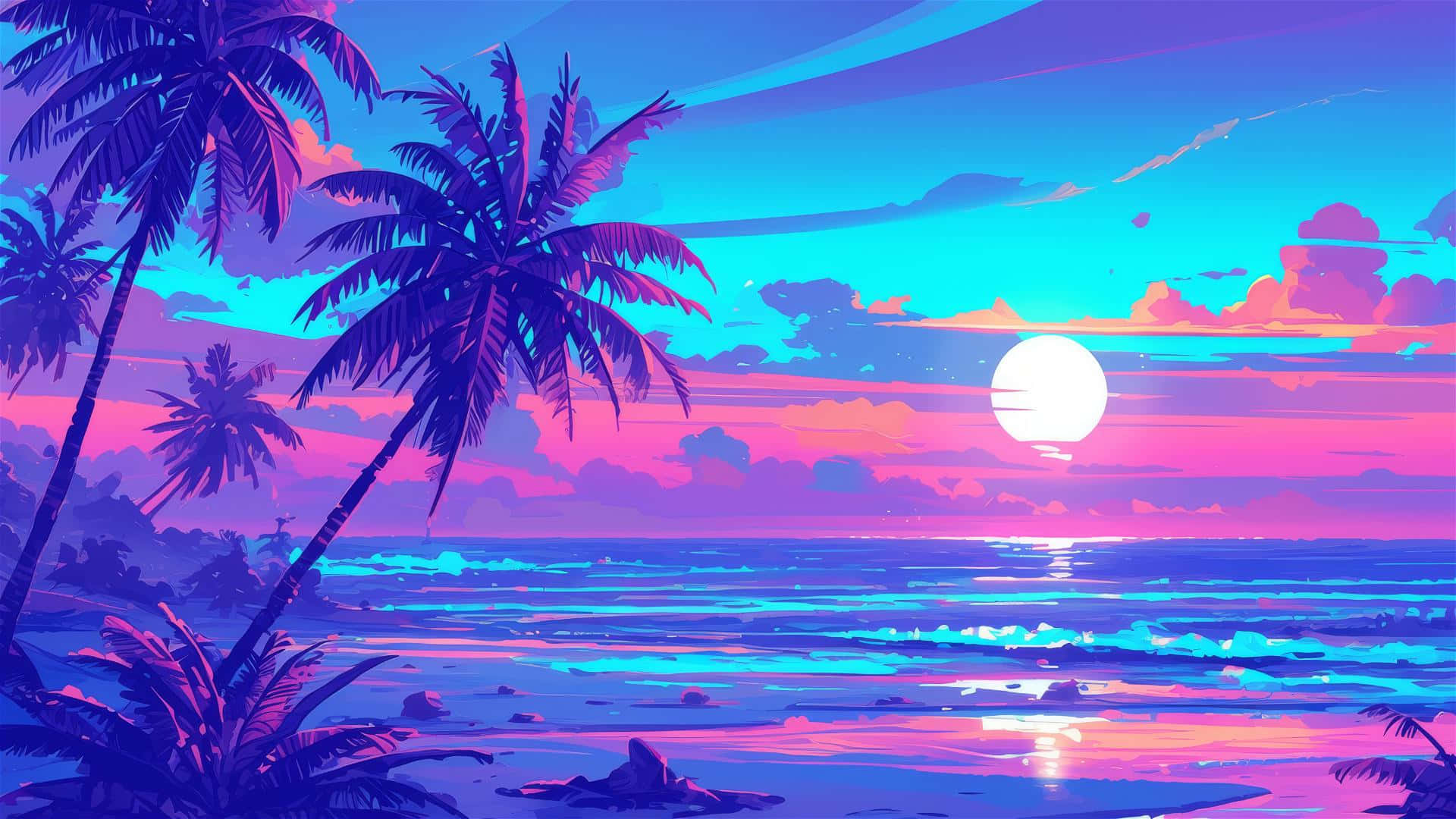 vibrant tropical sunset, tropical beach, palm trees, Full HD Desktop Wallpaper