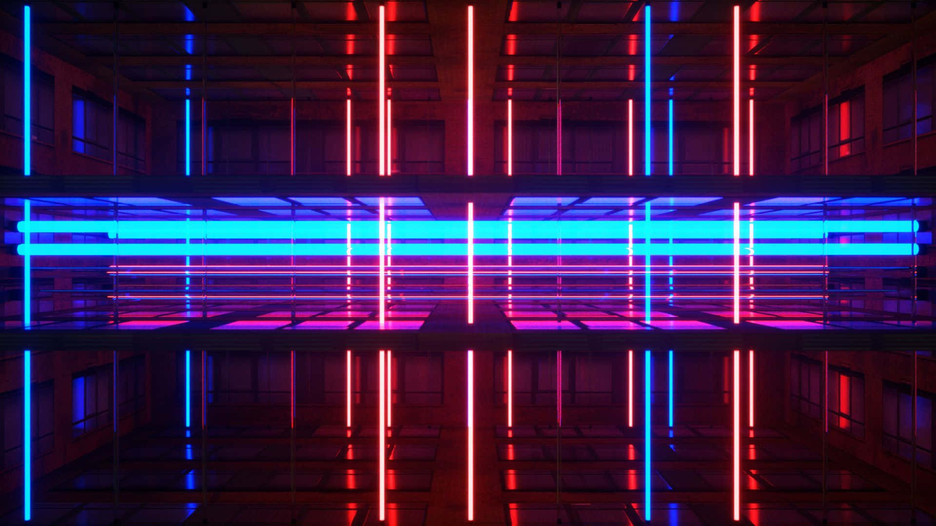 neon lit modern interior reflection, vibrant red and blue neon tubes, mirrored grid, Full HD Desktop Wallpaper