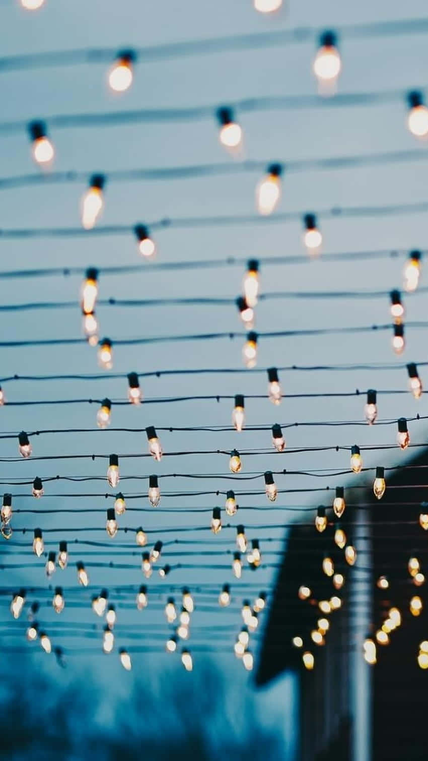 twilight string lights, glowing string lights, twilight sky, HD Phone Wallpaper