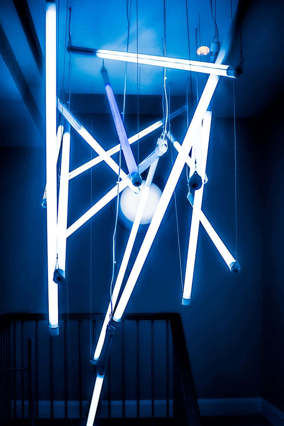 blue neon light installation art, fluorescent tubes, geometric arrangement, HD Phone Wallpaper