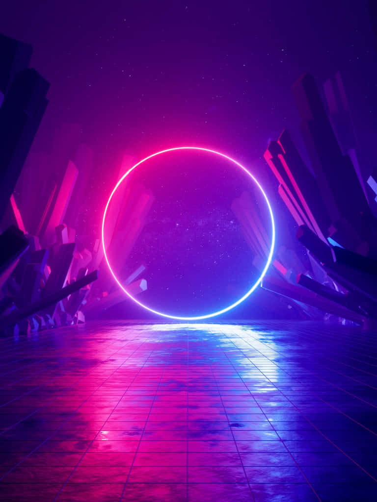neon circle, starry void, futuristic purple and pink cyberpunk landscape, SD Phone Wallpaper