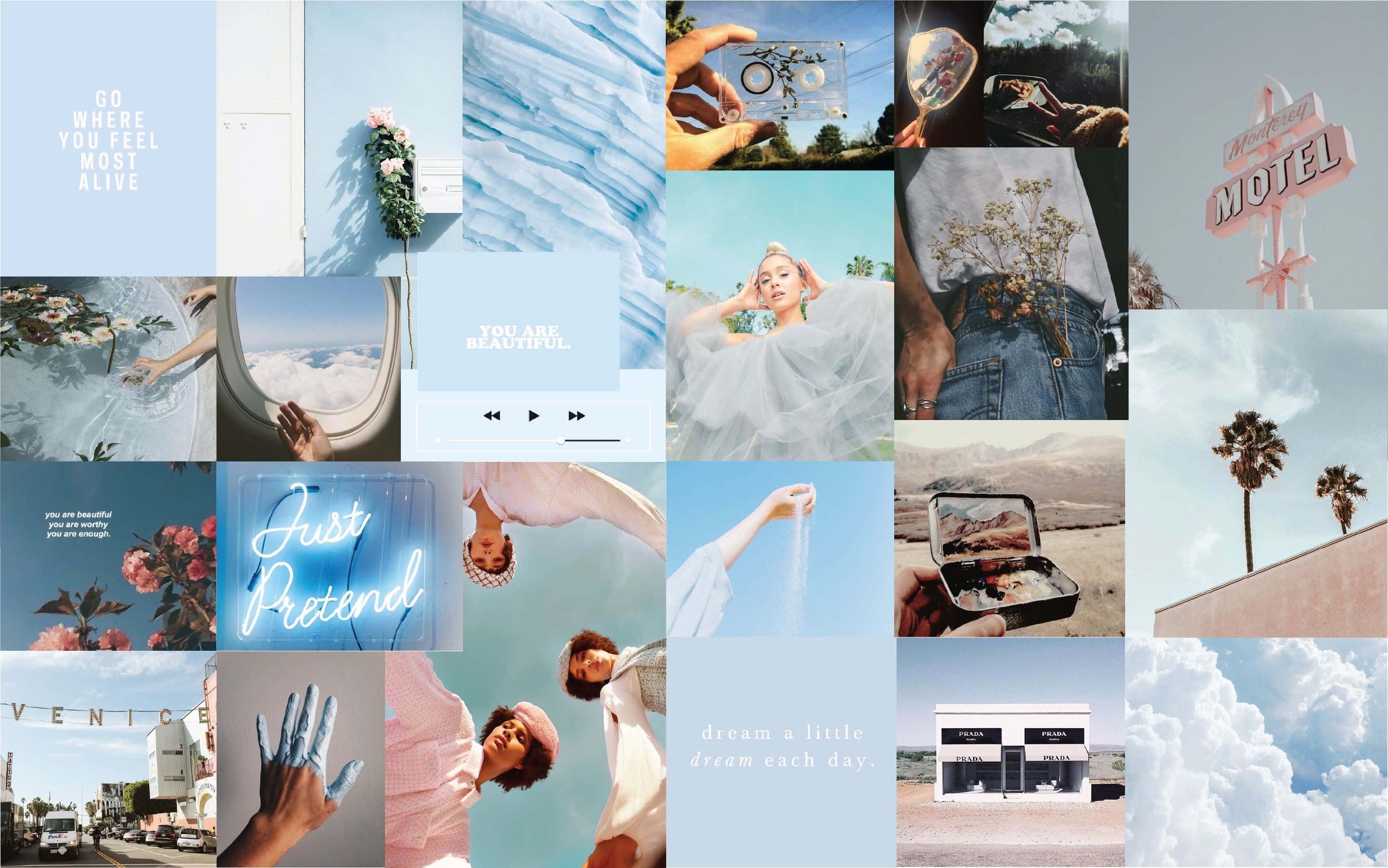 light blue aesthetic laptop, pastel-toned, palm trees, 2K Desktop Wallpaper