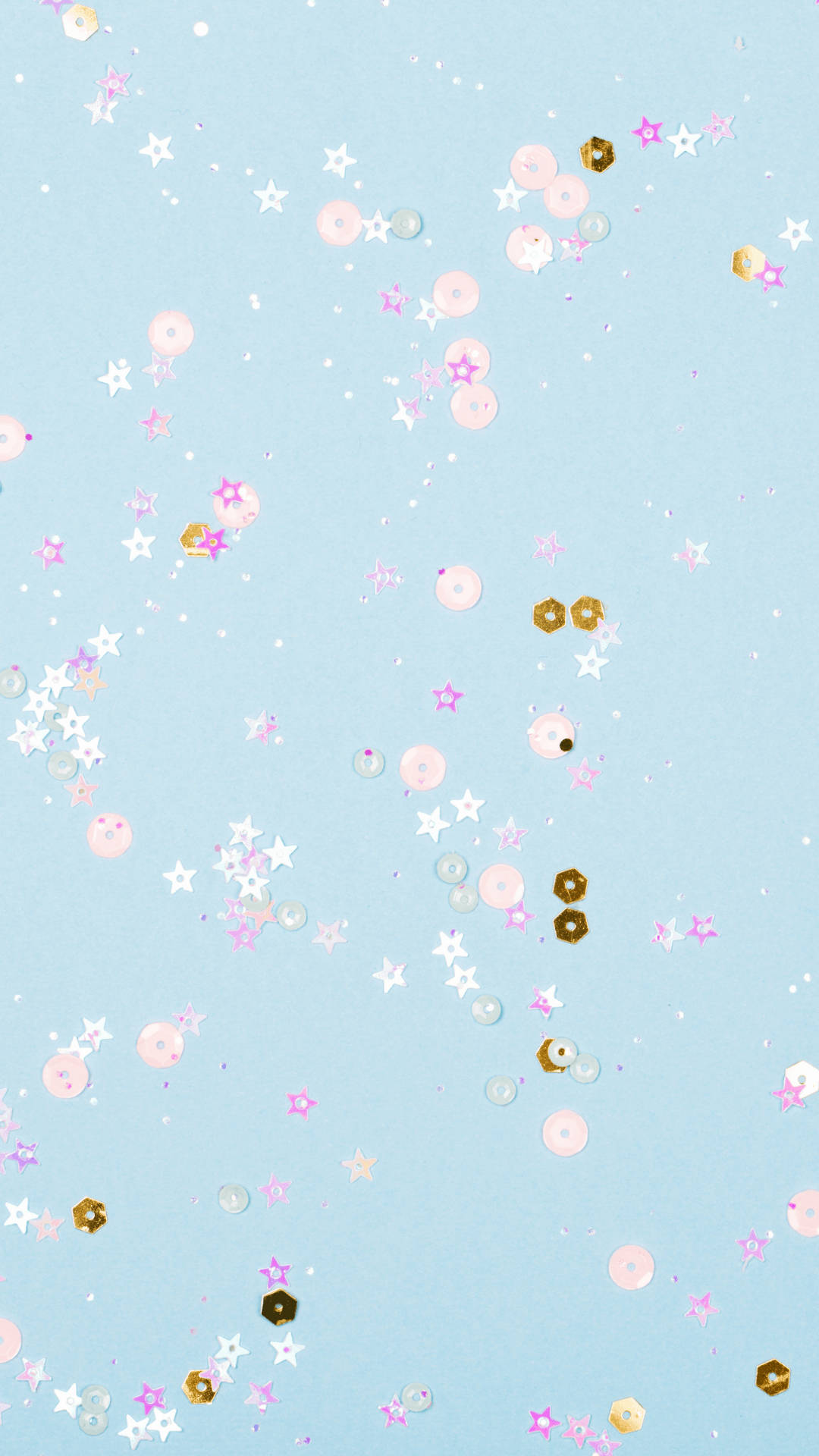light blue aesthetic, pastel blue background, pink white and gold star shaped confetti pieces, Full HD Phone Wallpaper