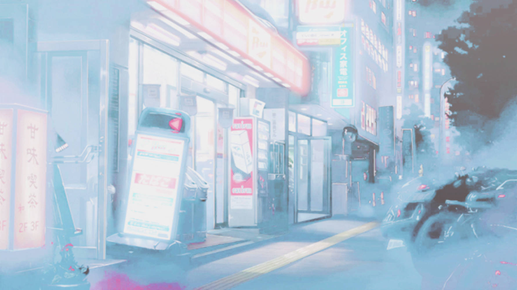 blue anime aesthetic, misty neon-lit urban street, dawn, HD Desktop Wallpaper