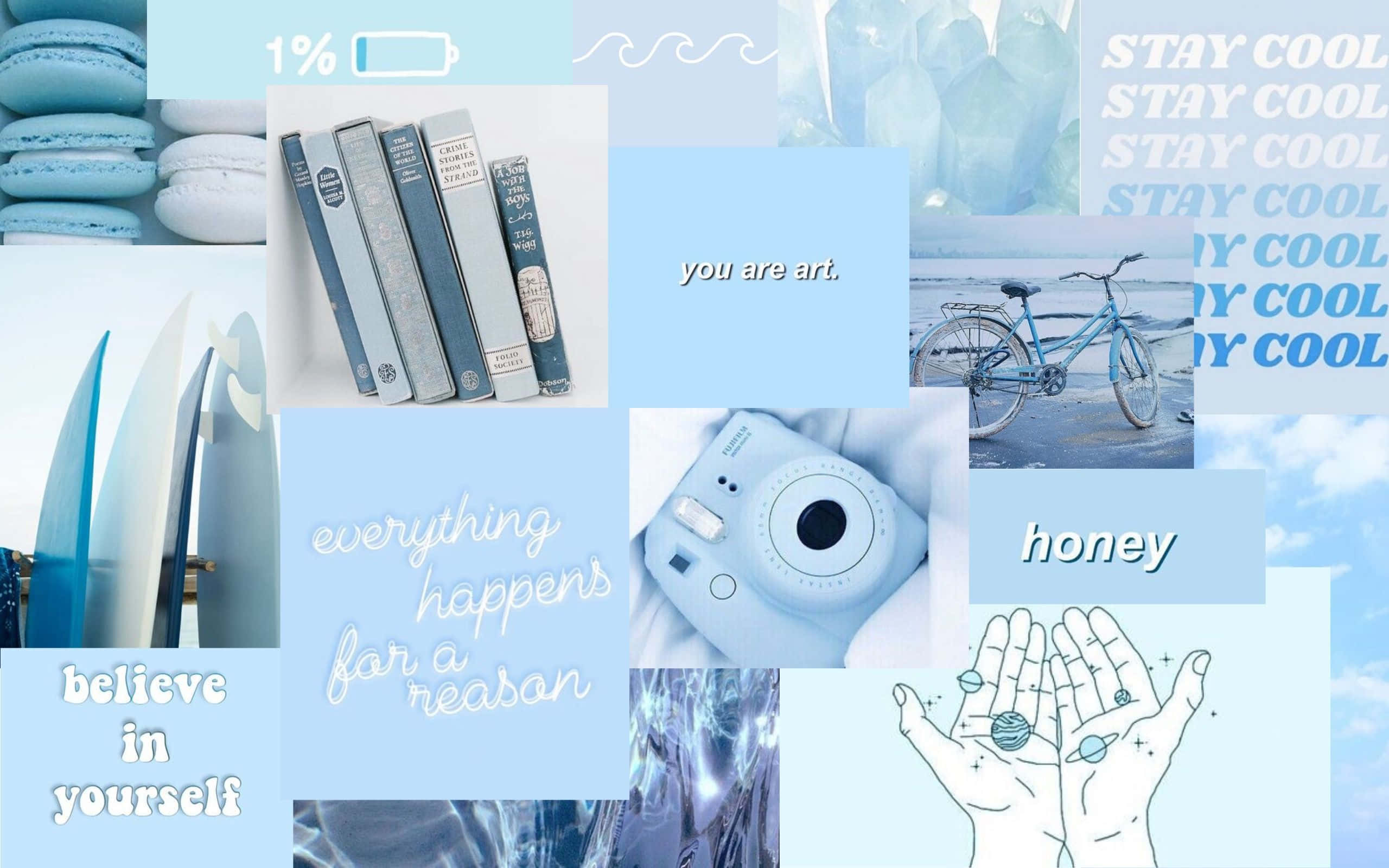 Light Blue Aesthetic, macarons, books, 2K Desktop Wallpaper