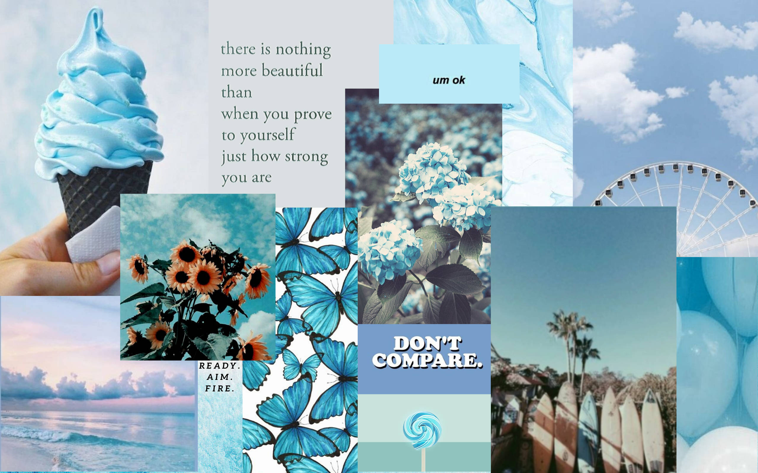 pastel blue aesthetic, ice cream butterflies, flowers, 2K Desktop Wallpaper