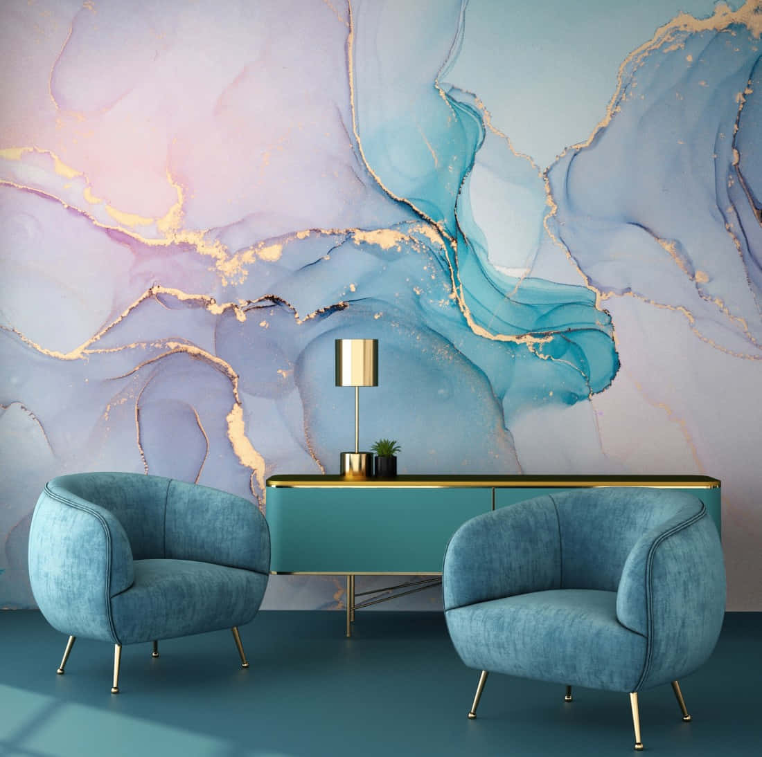 teal velvet chairs, matching console, swirling blue purple and gold abstract wallpaper mural, SD Desktop Wallpaper