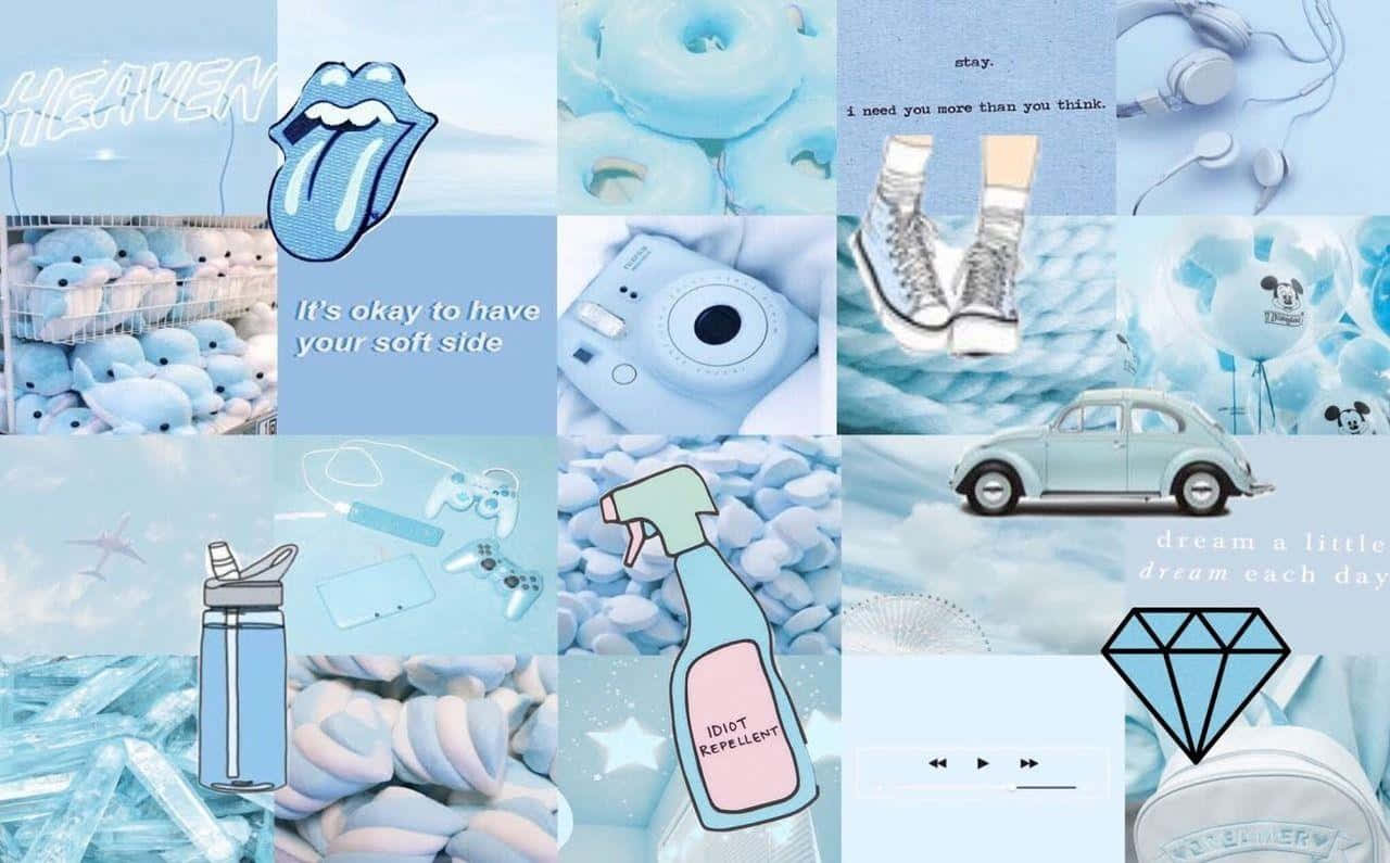 light blue laptop, wooden background, pastel blue collage, HD Desktop Wallpaper