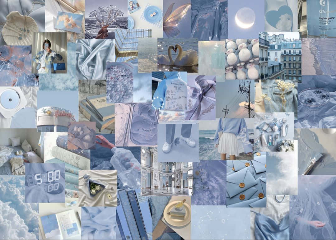 Light Blue Aesthetic Collage Laptop, dreamy blue-toned, soft textures, SD Desktop Wallpaper