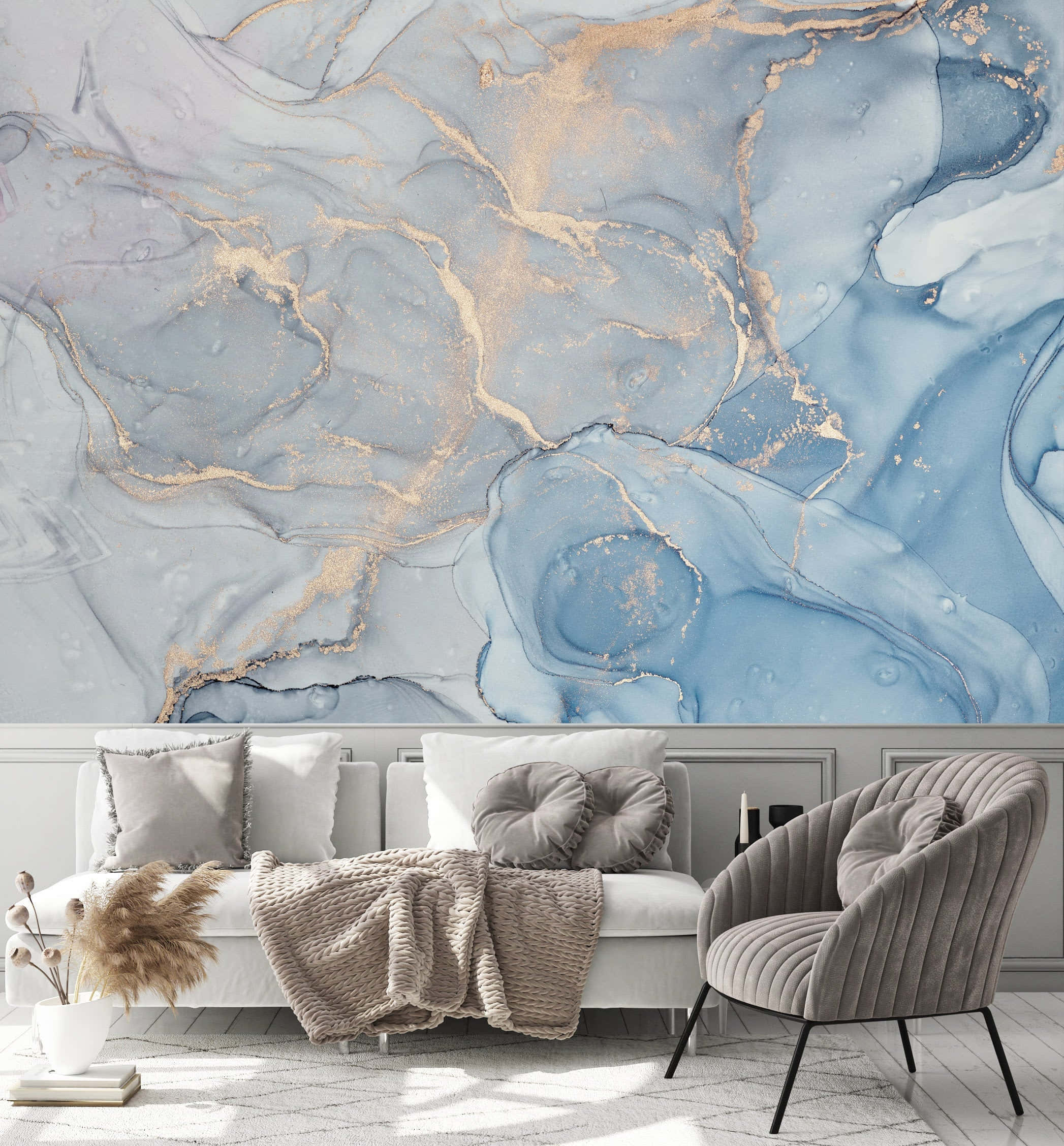light blue marble, golden light, modern living room, Full HD Phone Wallpaper