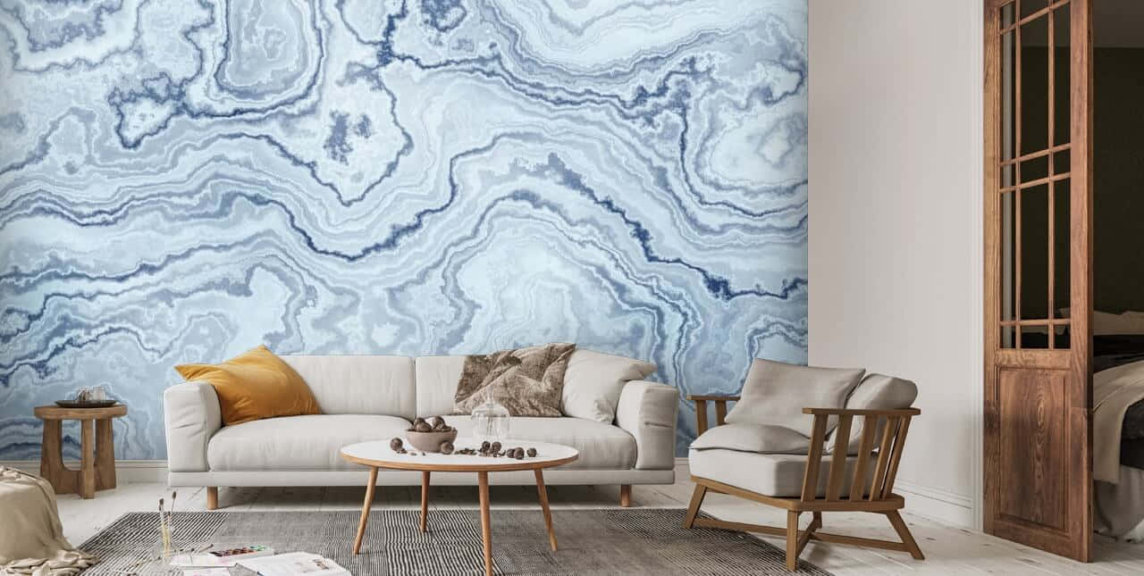 light blue marble, agave-patterned wallpaper, beige sofa, HD Desktop Wallpaper