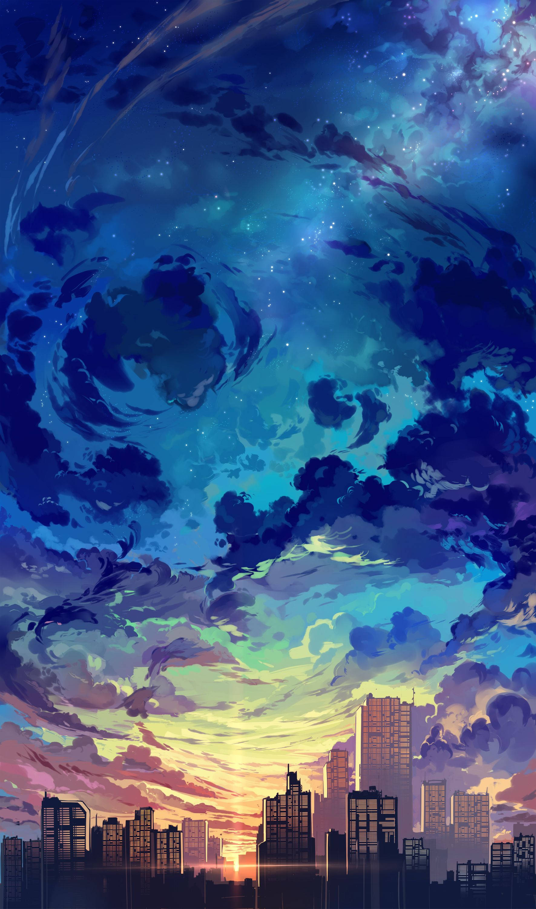 blue sunset, city skyline, cosmic sky, 2K Phone Wallpaper