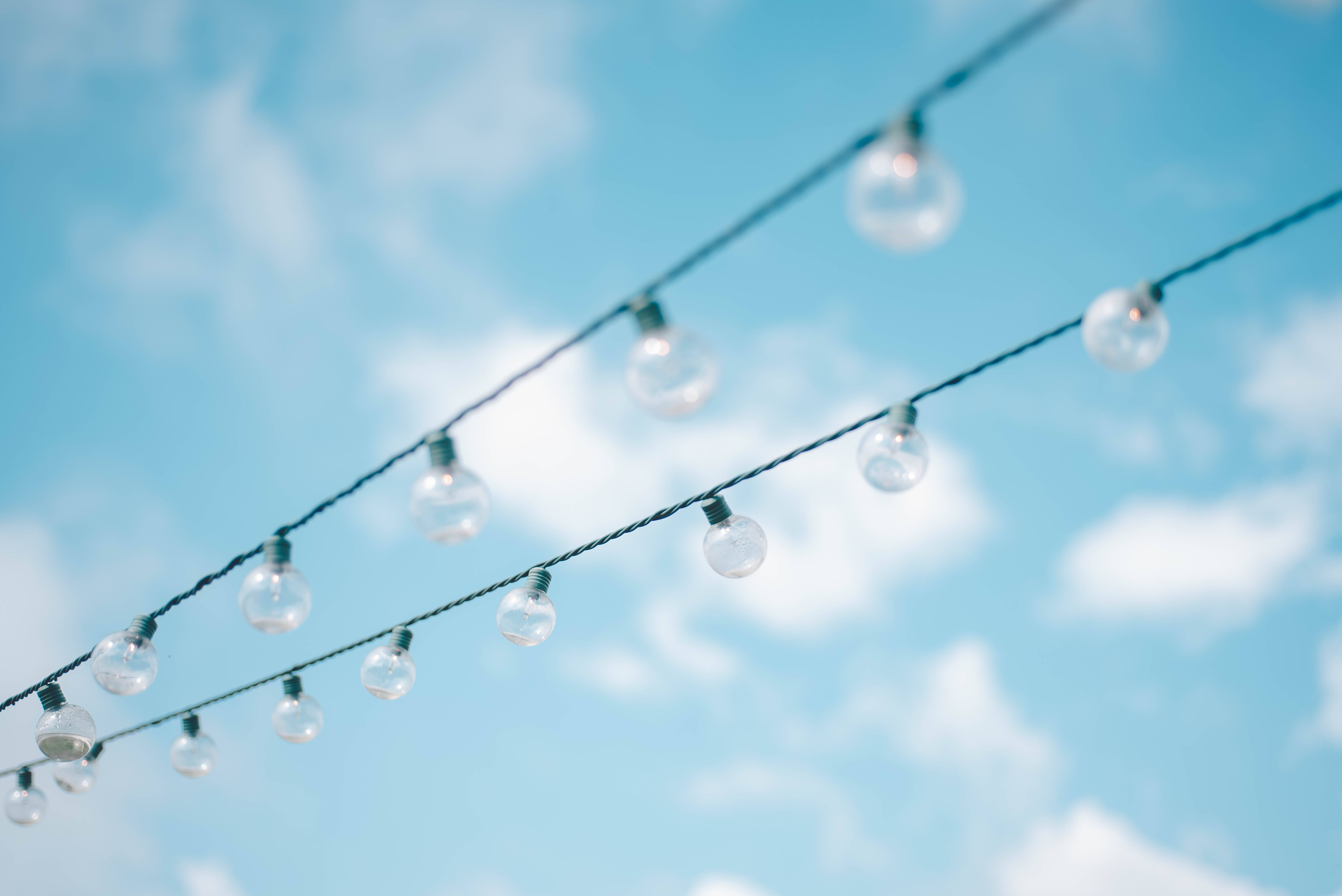 string lights, blue sky, cloudy sky, 5K Desktop Wallpaper