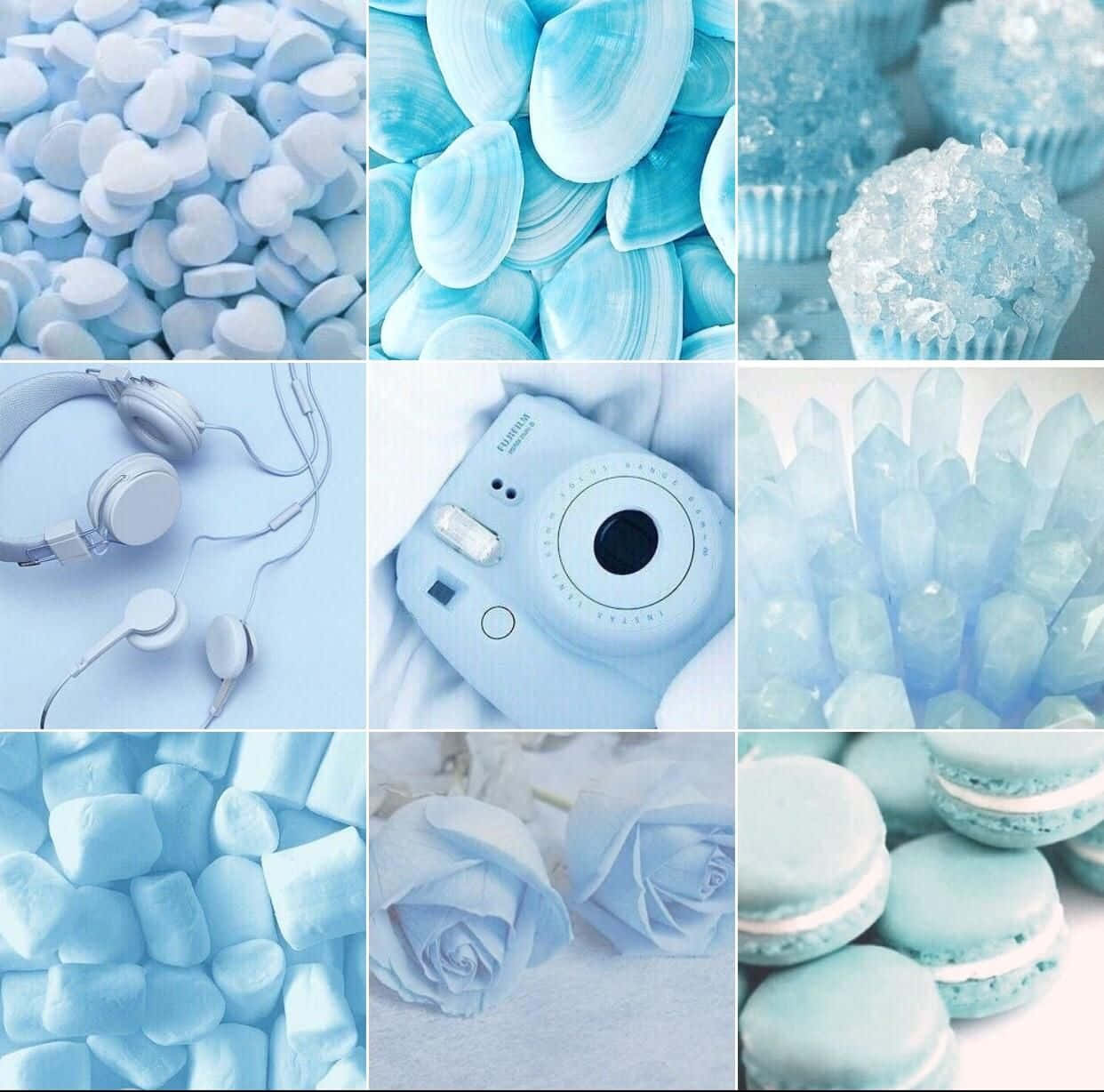 pastel blue, heart candies, seashells, SD Desktop Wallpaper
