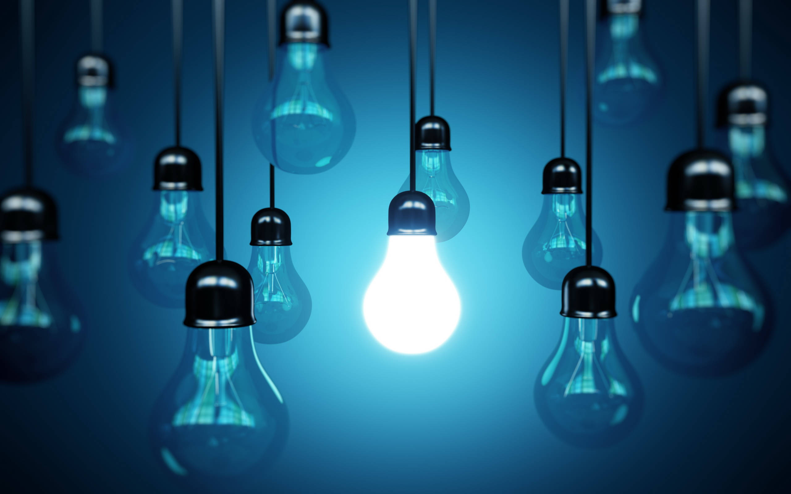single lit light bulb, glowing light bulb, dimmer hanging bulbs, 2K Desktop Wallpaper