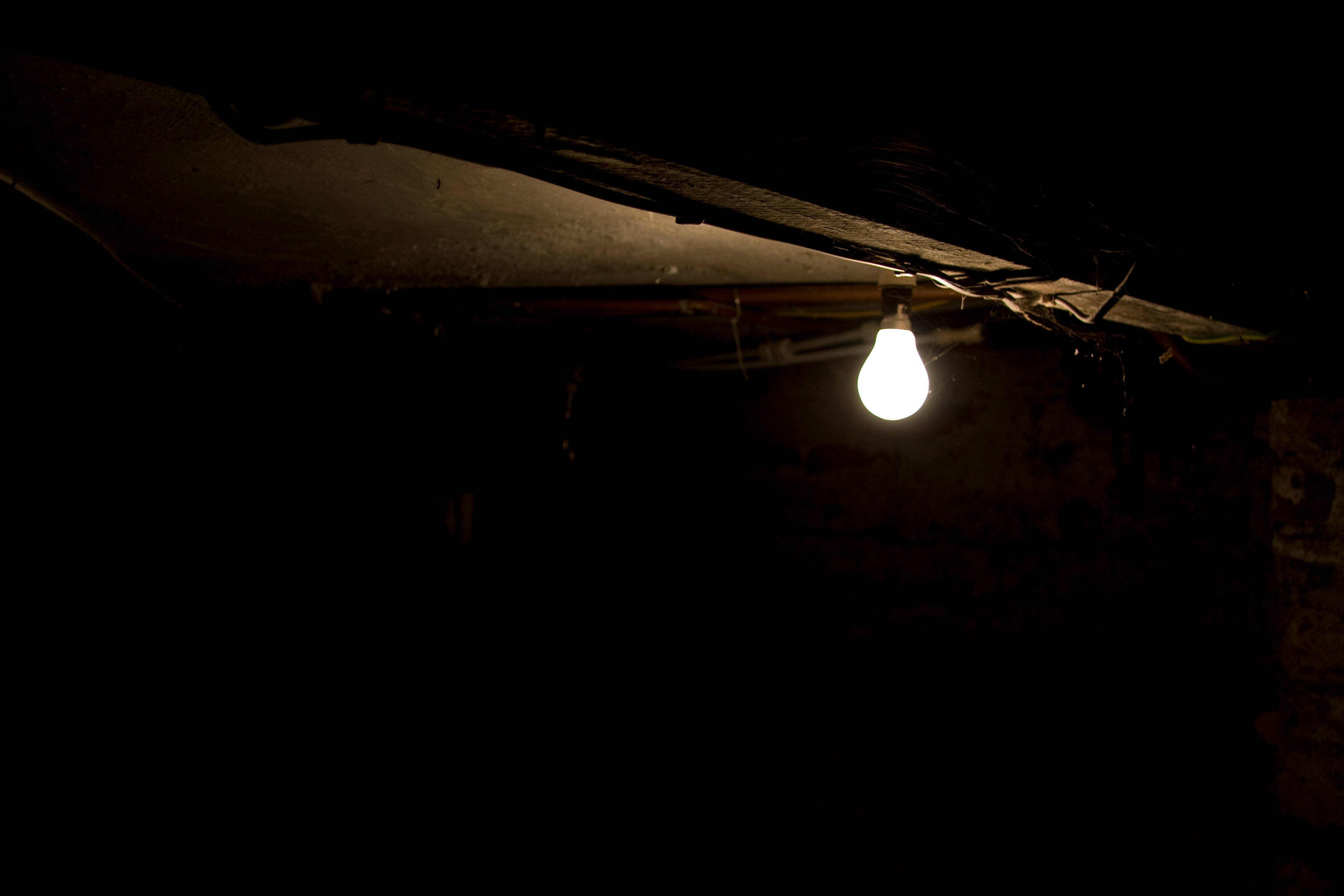 white lit light bulb, dark basement, warm light, 4K Desktop Wallpaper